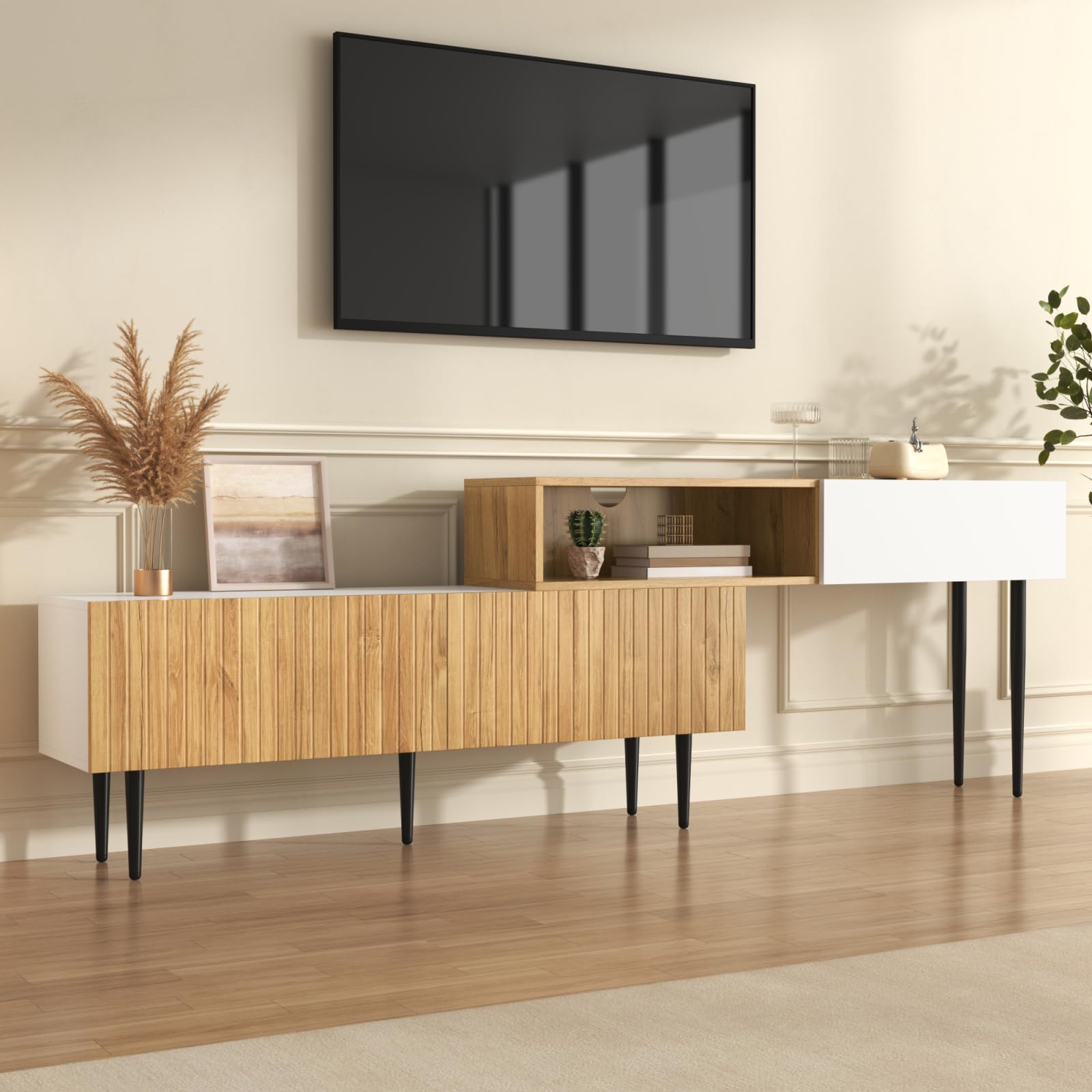 OLIVIBED 130cm-220cm TV Stand Cabinet, Extendable Long TV Unit with 2 Doors, Wide Media Unit for 55-100 Inch TVs, Wood TV Table for Living Room, Dinning Room & Bedroom, Wood Color and White
