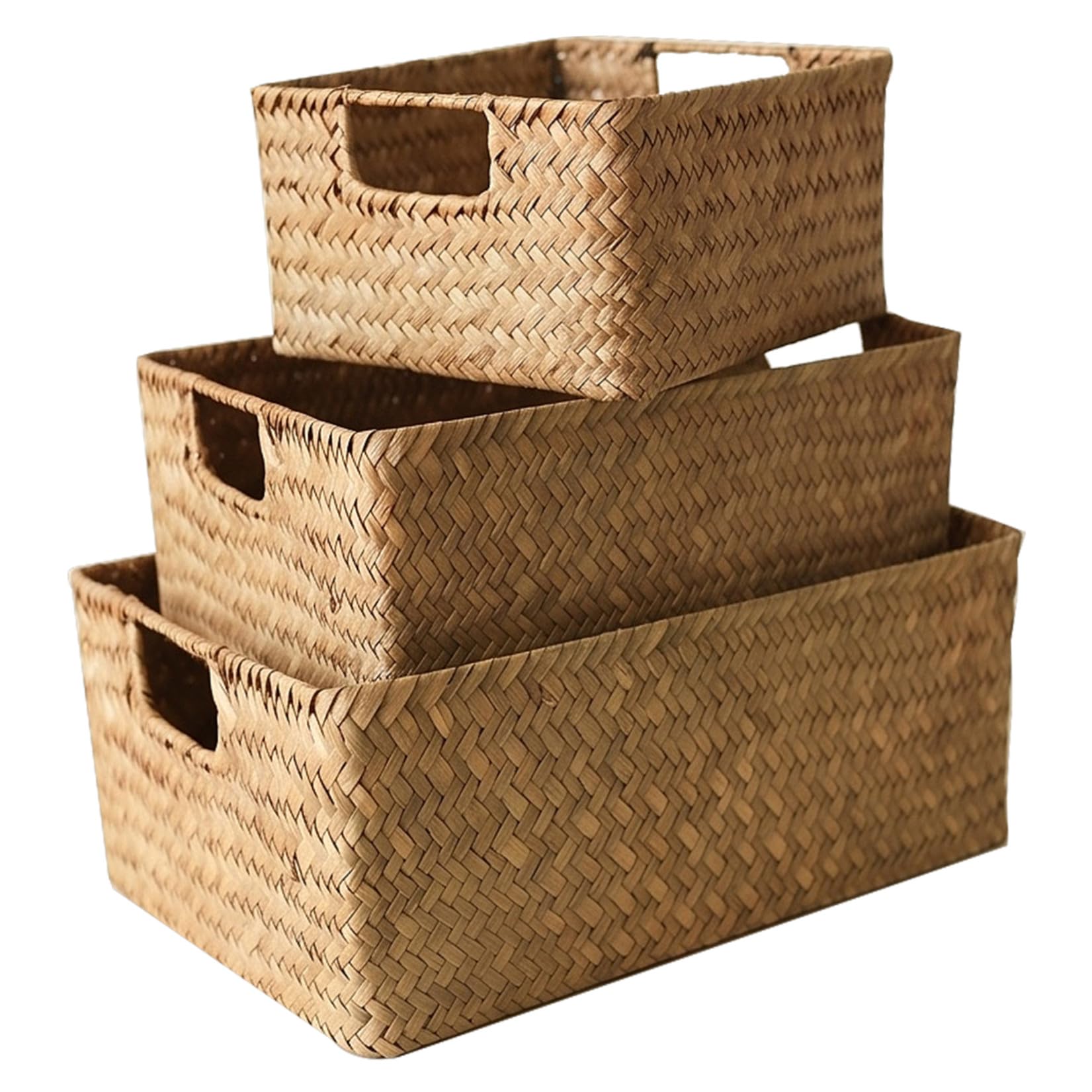 Homoyoyo Caja de Almacenamiento Apilable Rectangular de Hierba Marina con Asas y Bordes Reforzados 3 Piezas para Organizar Libros y Juguetes en Cocina o Dormitorio