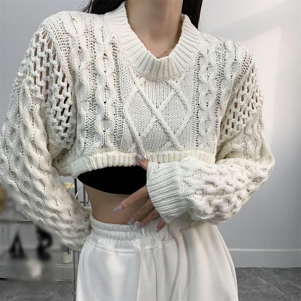 Women High Waist Long Sleeve Top Personalized Hollow Out Short Neckless Knit Sweater