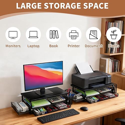 Miniatura 4 de Organizador de escritorio y accesorios para monitor, soporte para monitor con cajón (cajones de 2 niveles) con estante de almacenamiento lateral