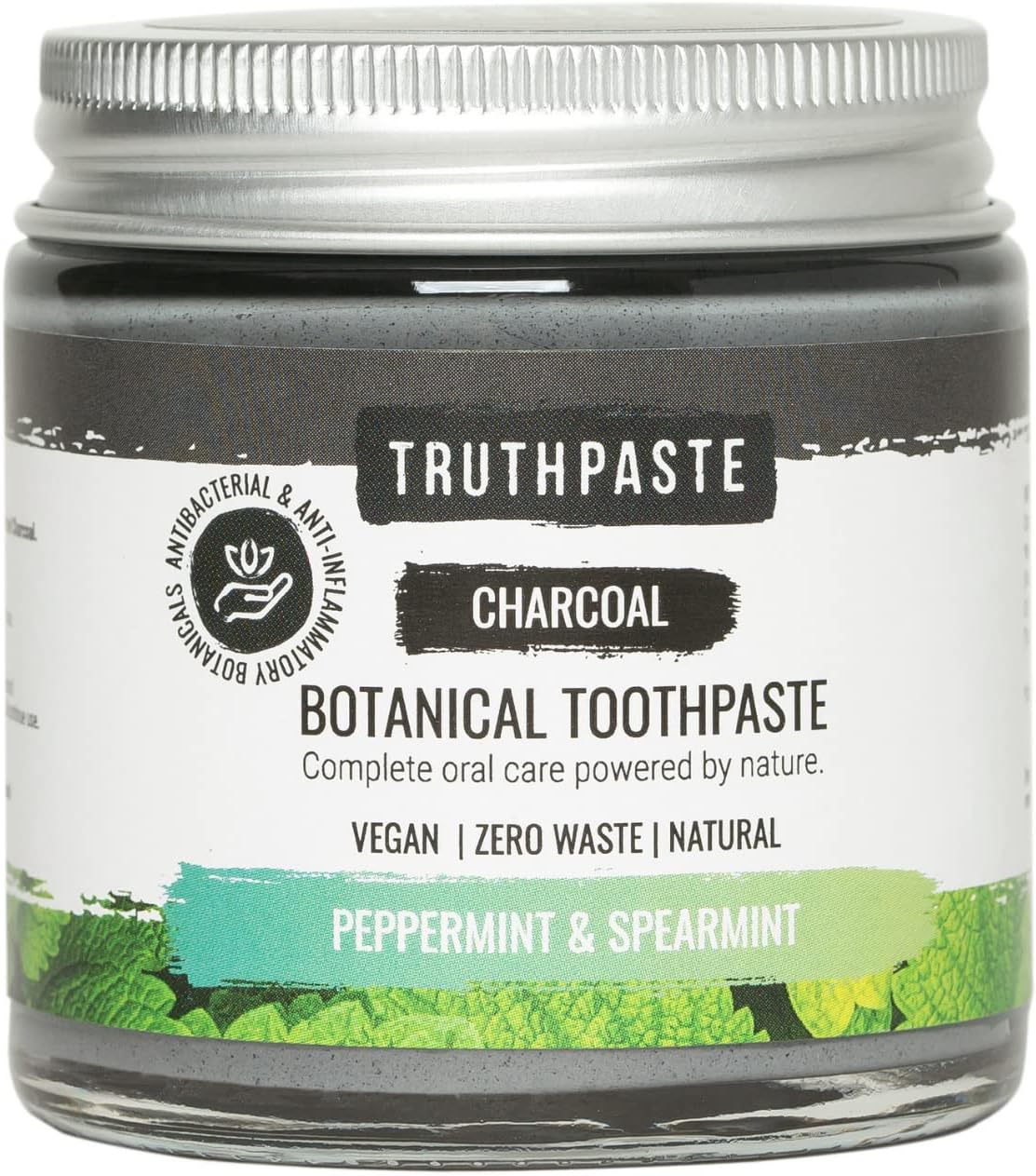 TRUTHPASTE Charcoal whitening natural zero waste toothpaste (Peppermint & Spearmint 100ml) Eco friendly & plastic free with Coconut & Aloe Vera. Fluoride Free, SLS free. Suitable for sensitive teeth