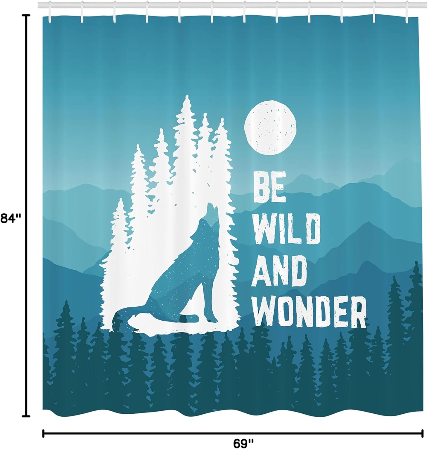 Ambesonne Adventure Shower Curtain, Hand Drawn Be Wild and Wonder Words Howling Wolf in The Woods Under Moon, Cloth Fabric Bathroom Decor Set with Hooks, 69" W x 84" L, Night Blue