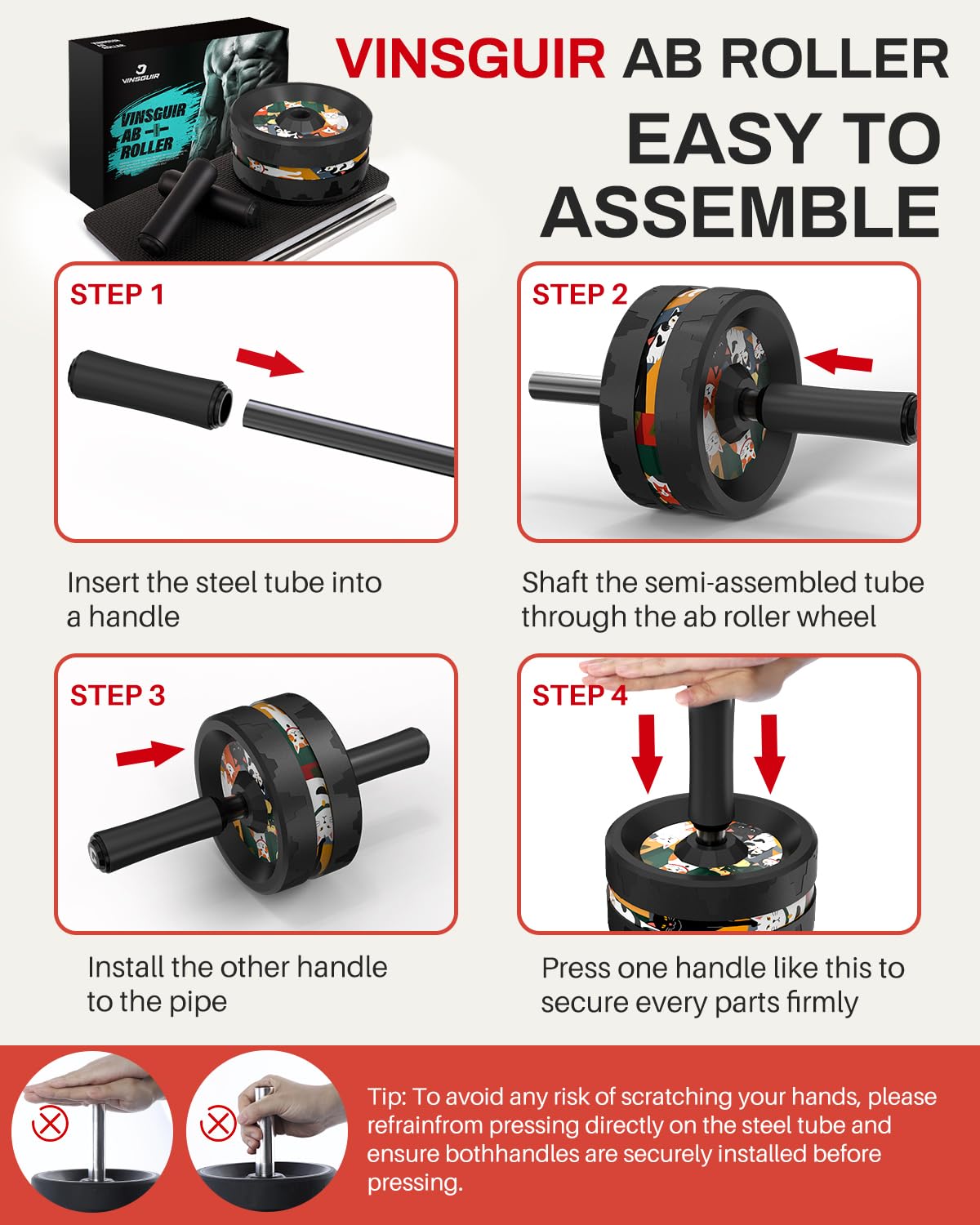 VINSGUIR Ab Roller Wheel, Abs & Core Workout Equipment for Home Gym with Knee Pad Accessories, Abdominal Wheel for Full-body Strength Training: Cat Print