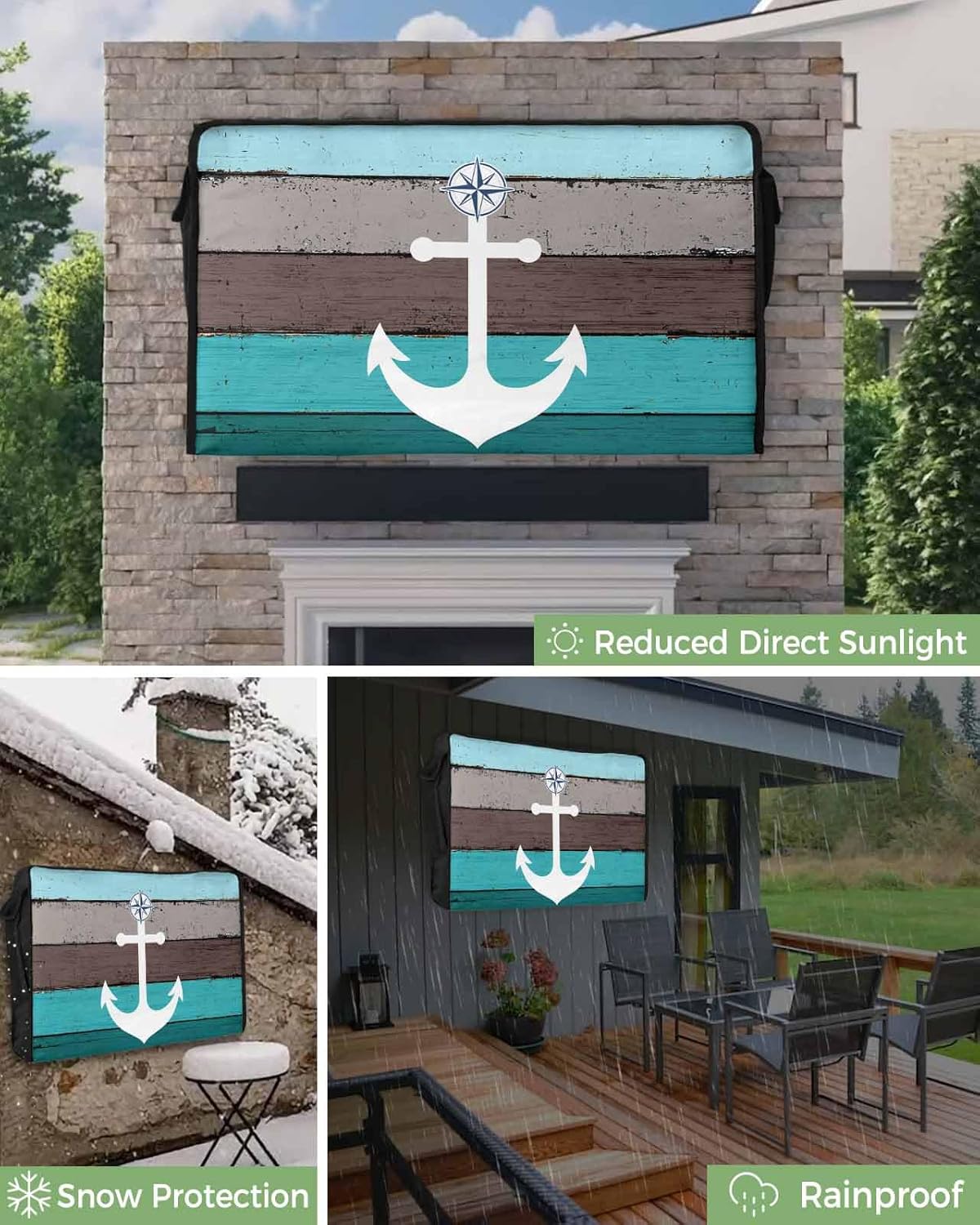 T&H XHome Outdoor TV Cover - Cyan and Grey Wood Grain Anchor Waterproof and Weatherproof 48"-50" LCD Movable Shield TV Display Screen Protector Outside Television Covers
