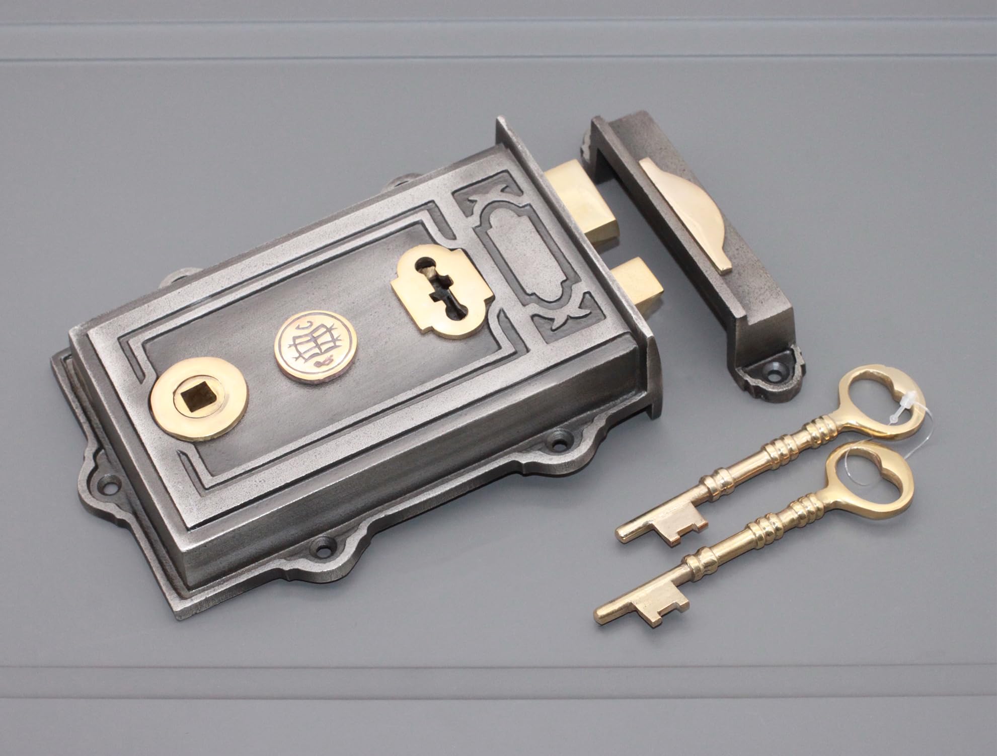 Serrure de porte Davenport à double main en fonte et laiton de style victorien antique