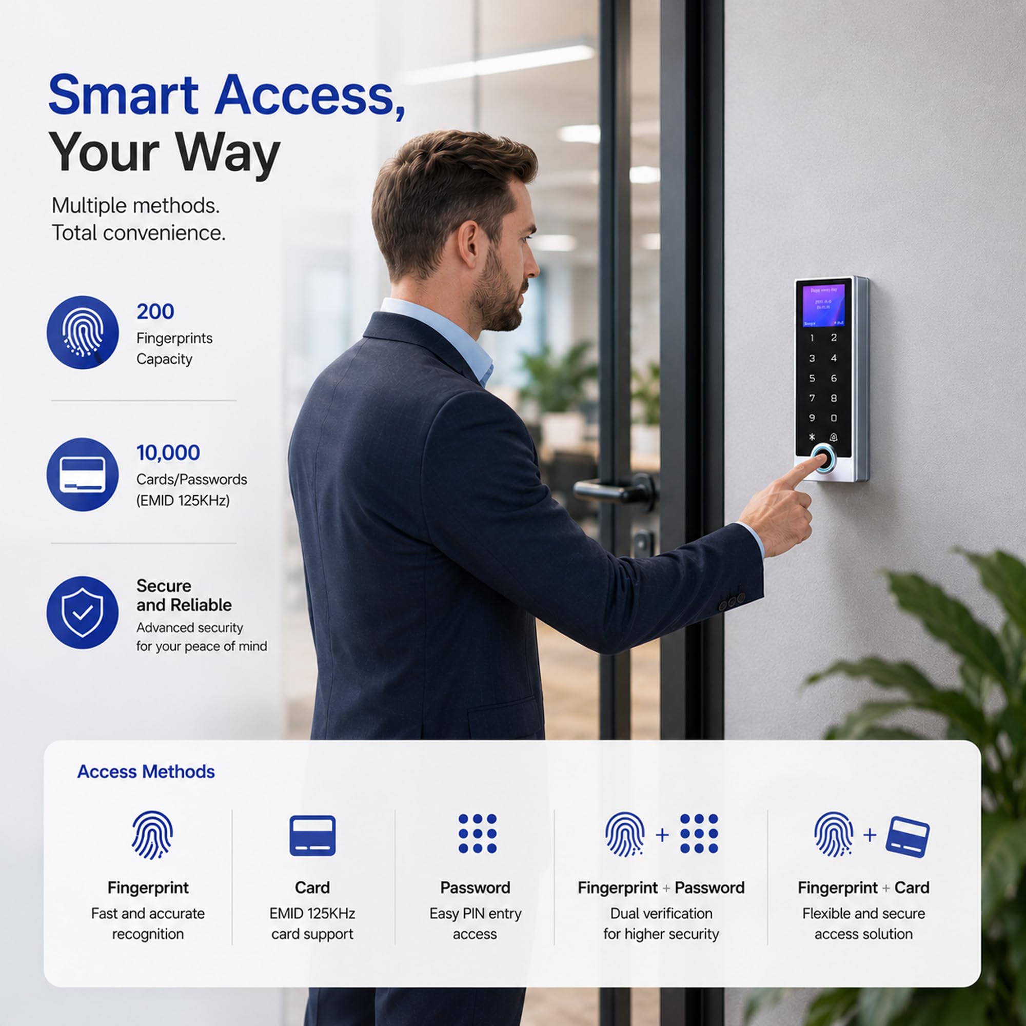 Zutrittskontrolle mit Fingerabdruck für Tür und Tor, Codeschloss RFID 125kHz + 10 ID-Transponder, LCD-Display, Metall IP68, WG26/WG34, PIN + Transponder, DC 12–24V, Wohnung Büro Geschäft T15