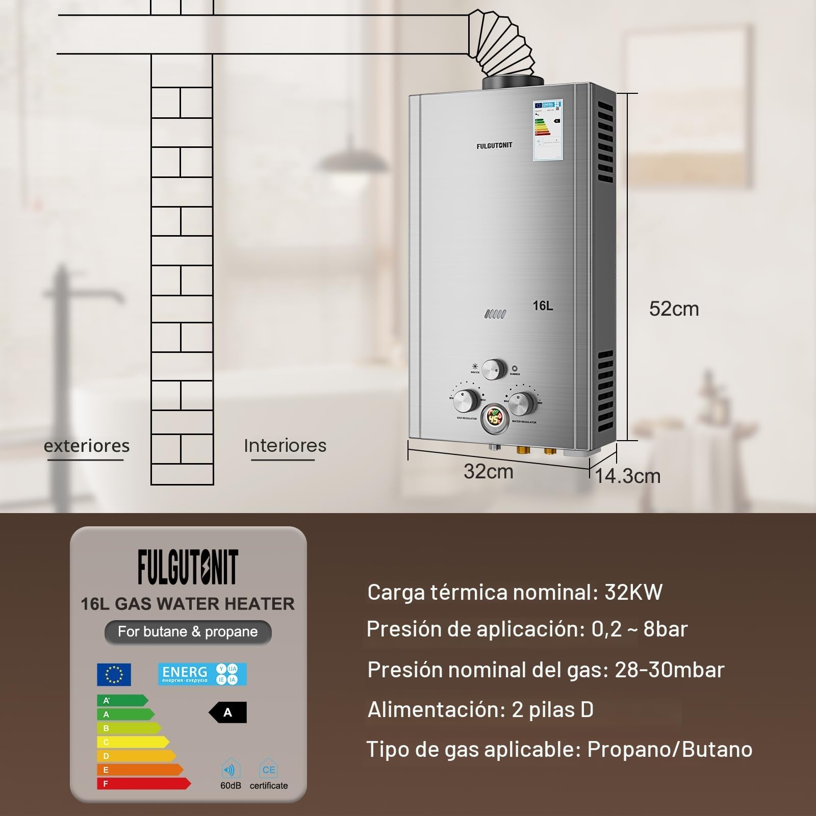 Fulgutonit Calentador de Agua de Gas 16L Con Ducha Sobrealimentada, Calentador de Agua de Gas GLP Propano Butano Adecuado Para el Hogar, Vehículos Recreativos y Exteriores