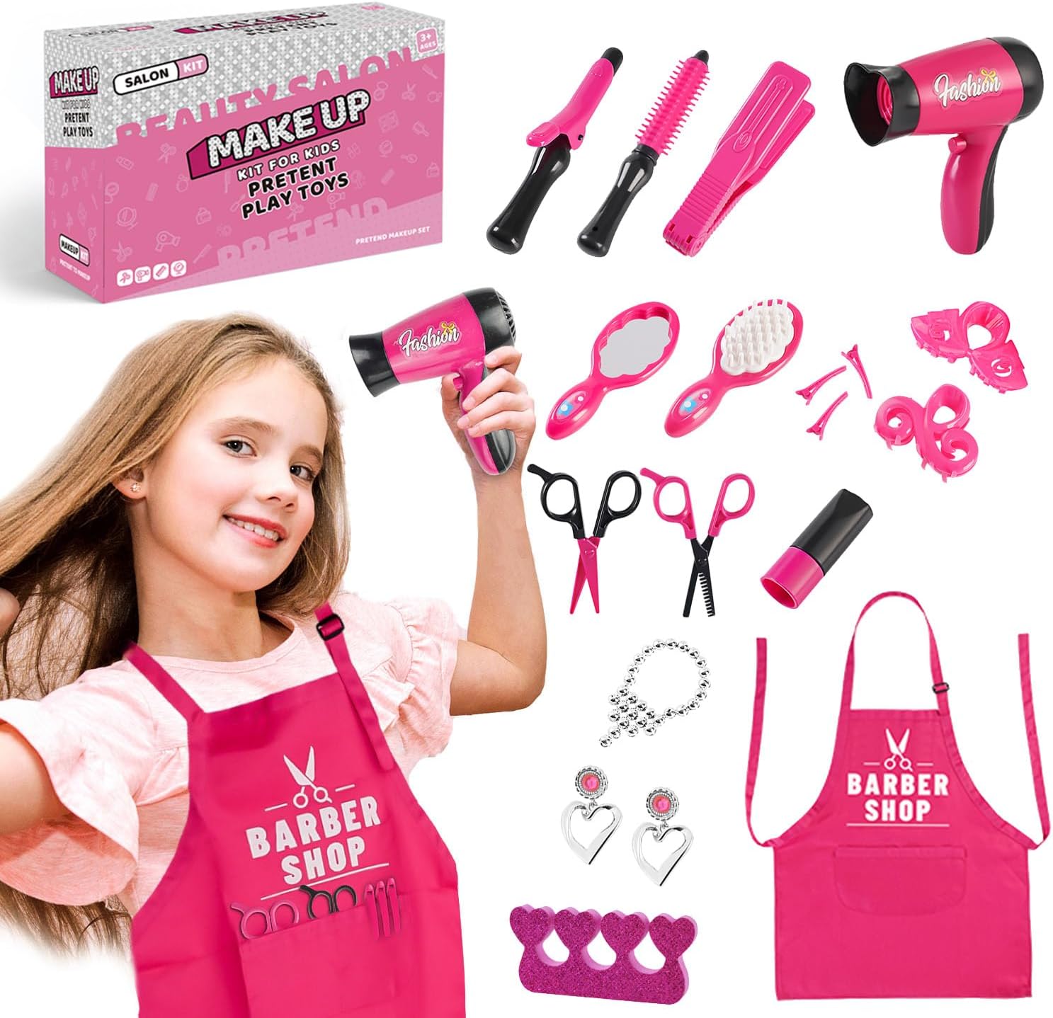 19 Pcs Kids Hairdressing Set, Hairdresser Role Play for Kids with Toy Hairdryer, Curling Iron, Mirror and Styling Accessories, Pretend Play Beauty Set for GirlsL8