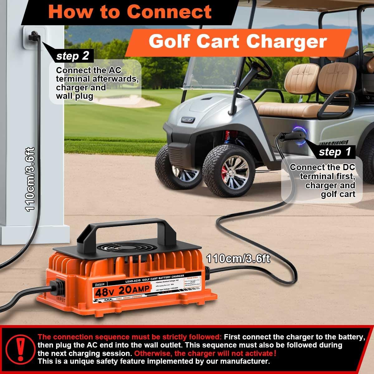 20 AMP 48 Volt Golf Cart Battery Charger for EZGO RXV & TXT 3-pin Triangular Plug 48V 20A 1250W Lead-Acid Battery Charger IP67 Waterproof