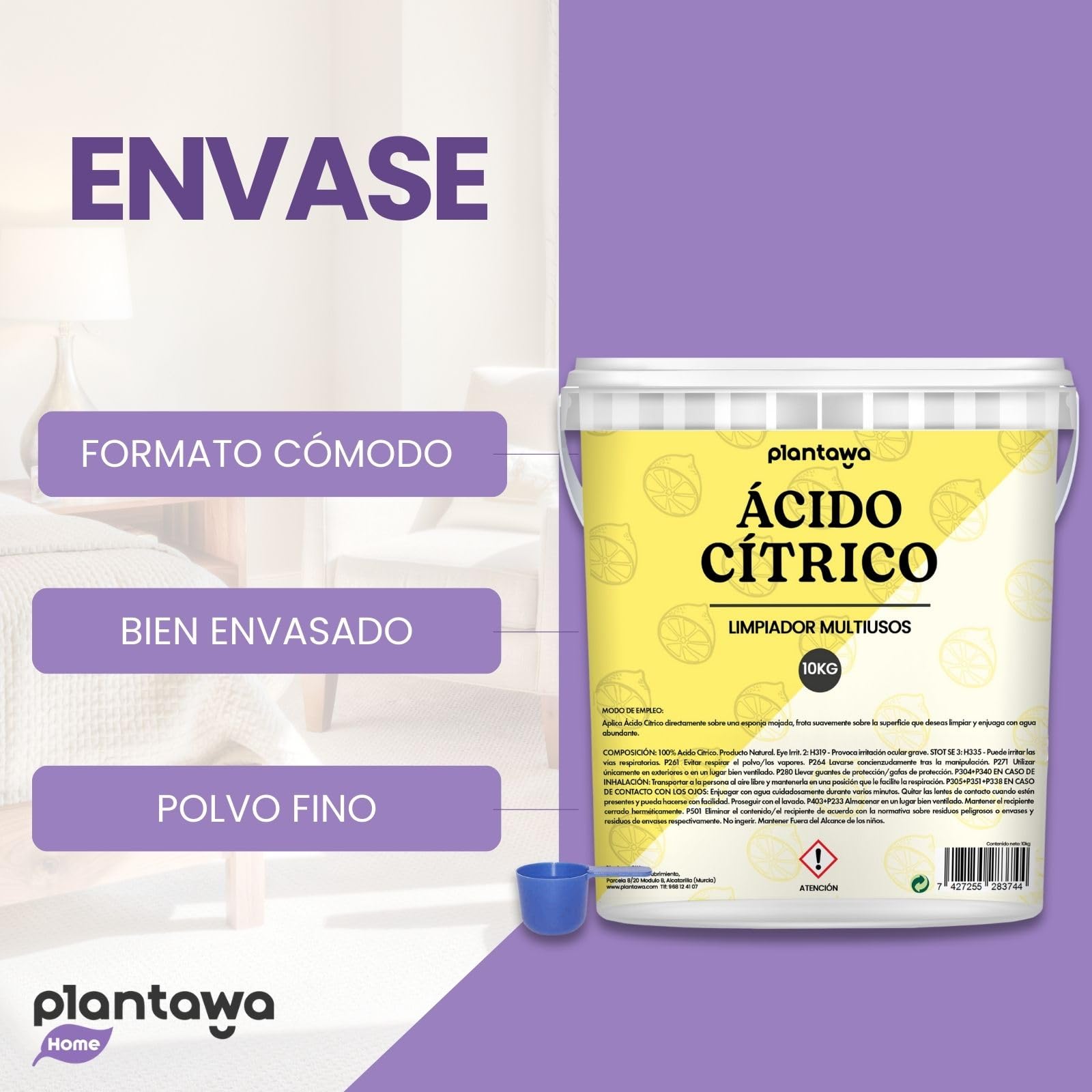 PLANTAWA Ácido Cítrico en Polvo 10kg | Acido Citrico para Limpieza Doméstica Intensiva | Elimina Cal, Sarro y Manchas | Alta Solubilidad | Limpieza Multiusos en Gran Volumen