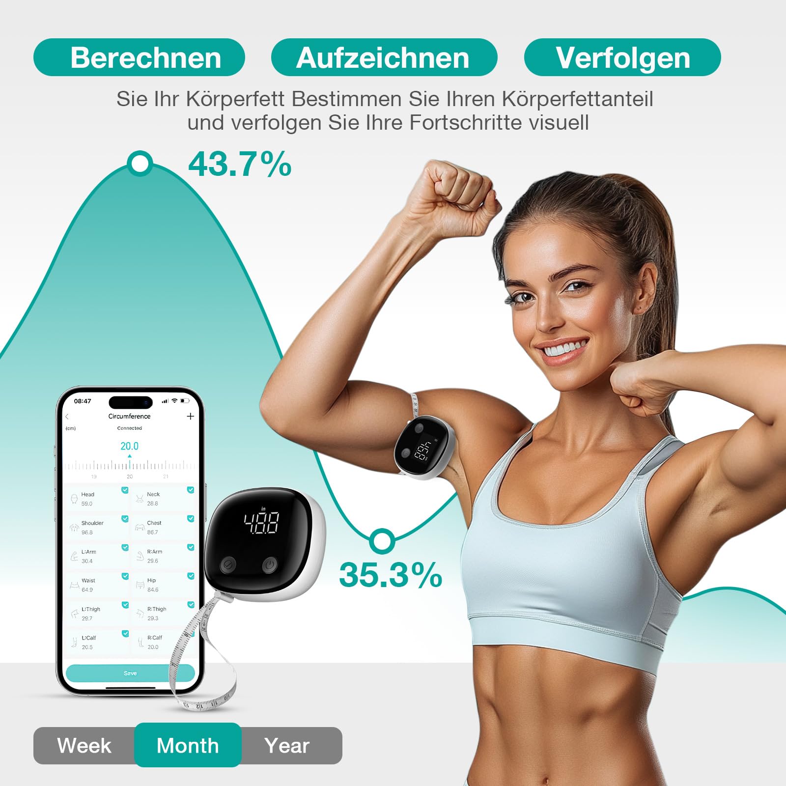 Smartes Körpermaß, Körpermaßband, LED-HD-Vollbild-Überwachung, Körperfett-Werkzeug für Fitness-Formung und Gewichtsverlust, Fitdays App Bluetooth-Maßband