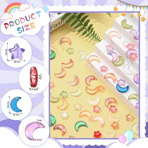 Miniatura 2 de Suzile 200 cuentas de luna, cuentas de estrella de 0.630 in, cuentas de cristal de luna creciente, dijes de luna de 0.394 in, cuentas espaciadoras