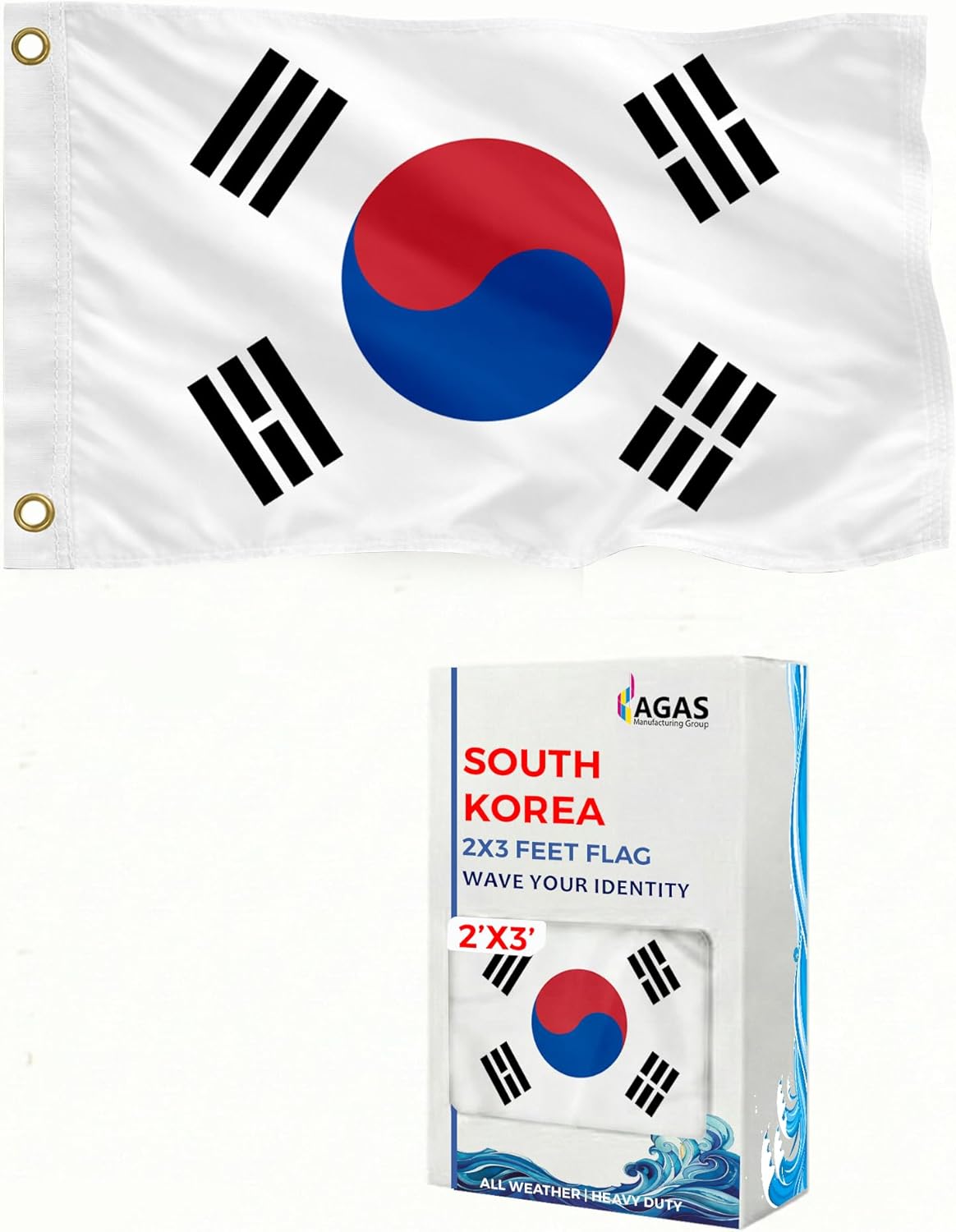 AGAS South Korea Flag 2 x 3 ft Outdoor 200D Nylon Double Stitched Hem Rust Proof Brass Grommets Canvas Header South Korea National Flag