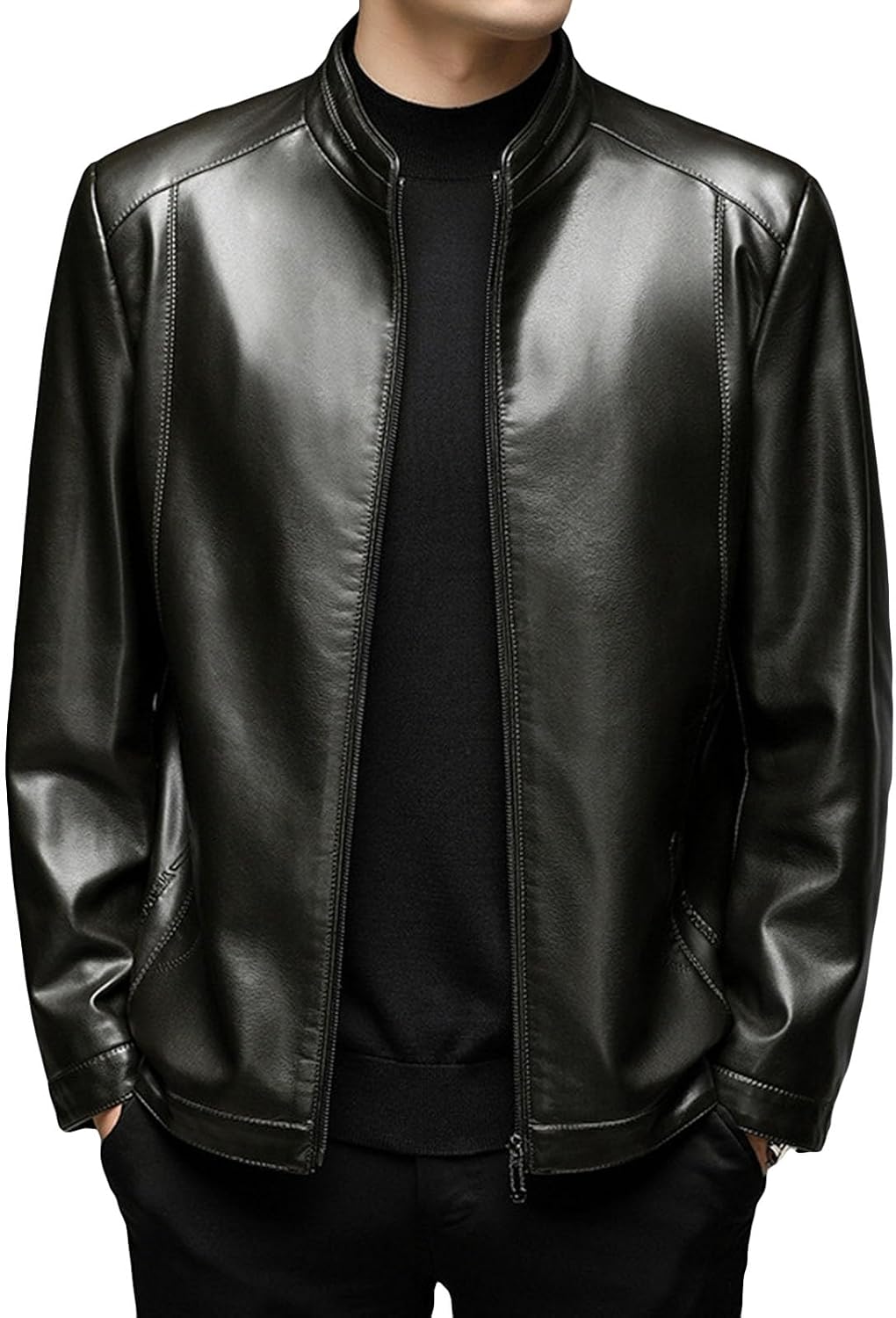 JEsilunmaMY Fall Winter Moto Biker Coat for Men Lightweight Stand Collar Leather Jacket Casual Motorcycle Bomber Outwear