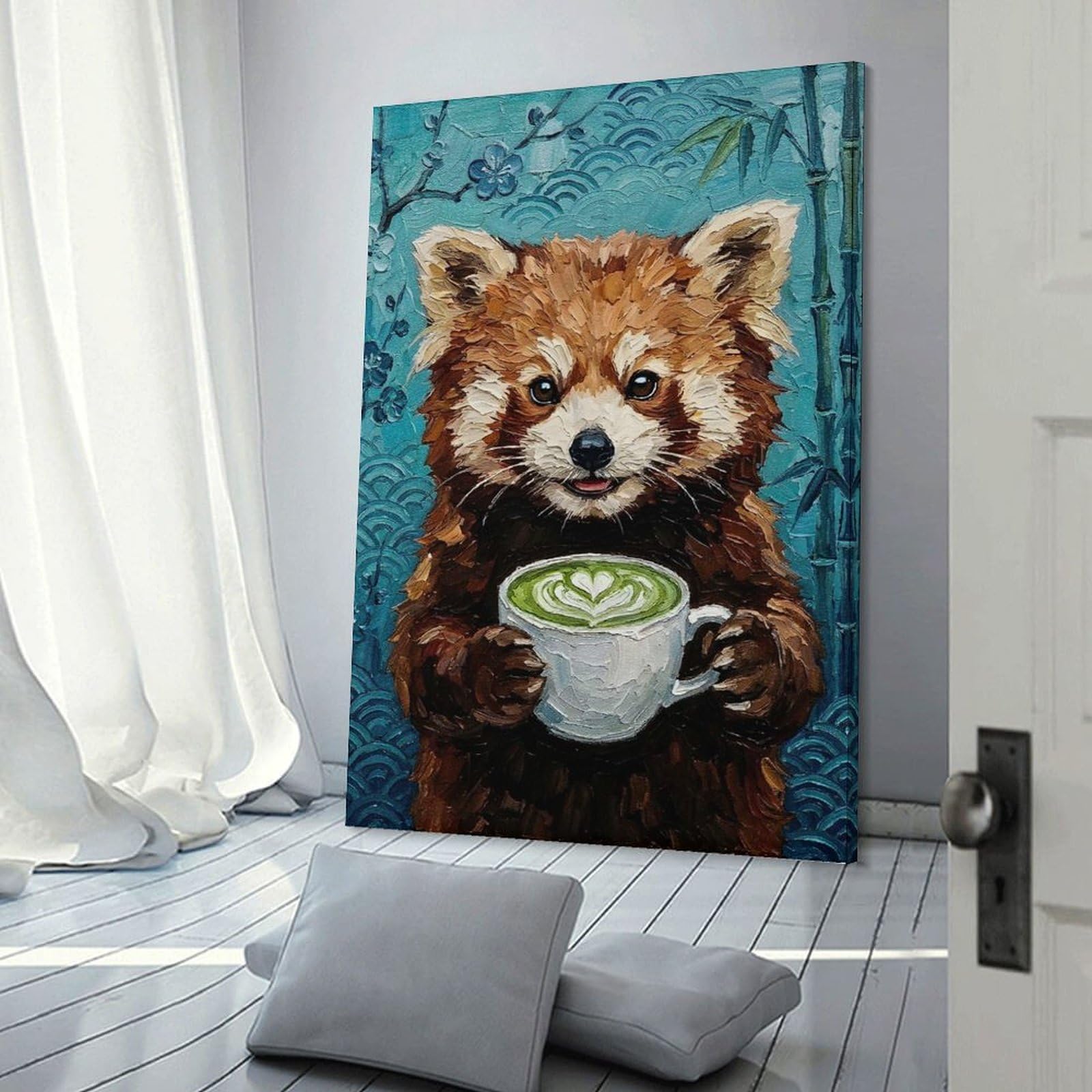Junmoney Red Panda with Matcha Latte Painting Wall Decor Canvas Print 24x36inch(60x90cm), for Lounge, Study, Hallway Or Flat Walls, Decorative Artwork with Broad Appeal