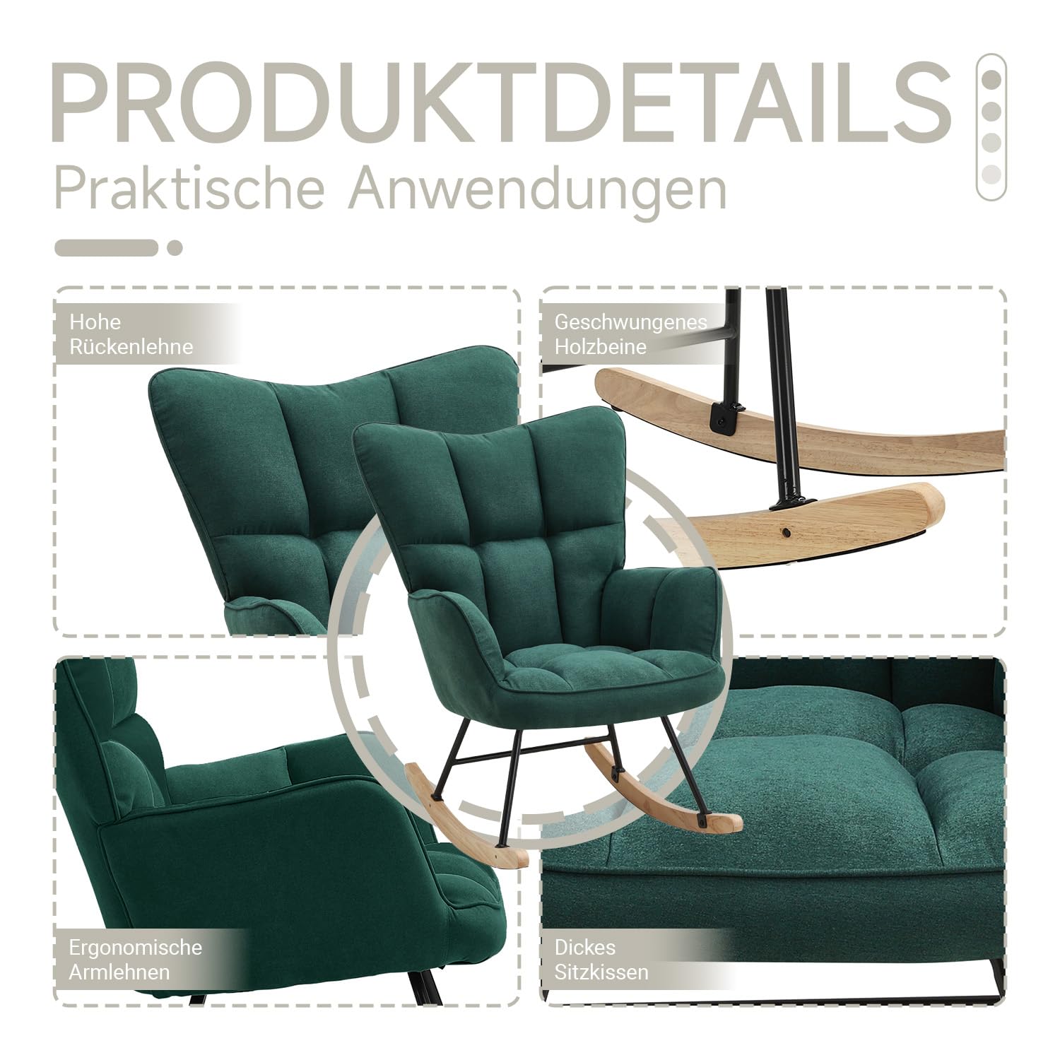 Schaukelstuhl, Bequemer Stillsessel & Lesesessel, Relaxstuhl mit hoher Rückenlehne für Wohnzimmer, Schlafzimmer, Balkon oder Kinderzimmer, Moderner Schaukelsessel (Grün)