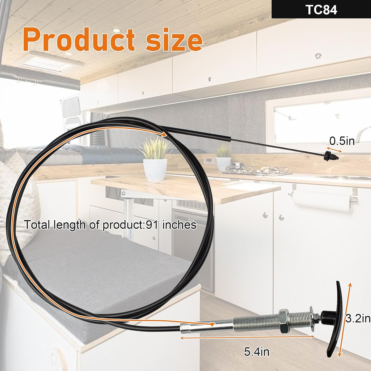 TC84 84" RV Waste Valve Control Cable, 7ft Flexible Replacement Cable fit for Valterra Bladex, Compatible with 1.5"/3" RV Black/Gray Water Tank Dump Valve, Bulkhead Installation with Foldable Handle