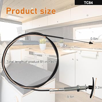 TC84 84 RV Waste Valve Control Cable, 7ft Flexible Replacement Cable fit for Valterra Bladex, Compatible with 1.5/3 RV Black/Gray Water Tank Dump Valve, Bulkhead Installation with Foldable Handle