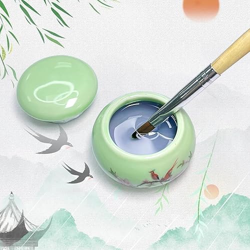 Miniatura 7 de Plato de porcelana Dappen con tapa para polvo líquido acrílico, taza de cerámica, cuenco líquido de uñas (YSHJB008) (verde)