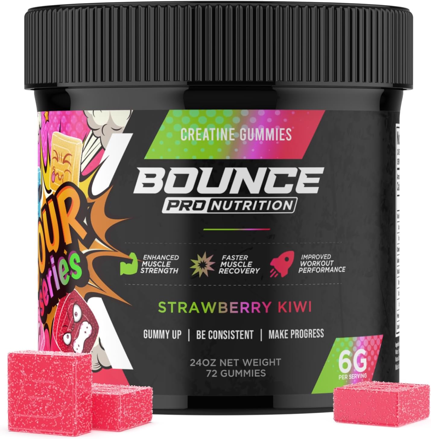 Bounce Pro Creatine Monohydrate Gummies for Men & Women, Low Calorie, 6G of Creatine per Serving, Vegan, Anti-Melting, Gluten-Free, Non-GMO (72 Count (Pack of 1), Strawberry Kiwi)