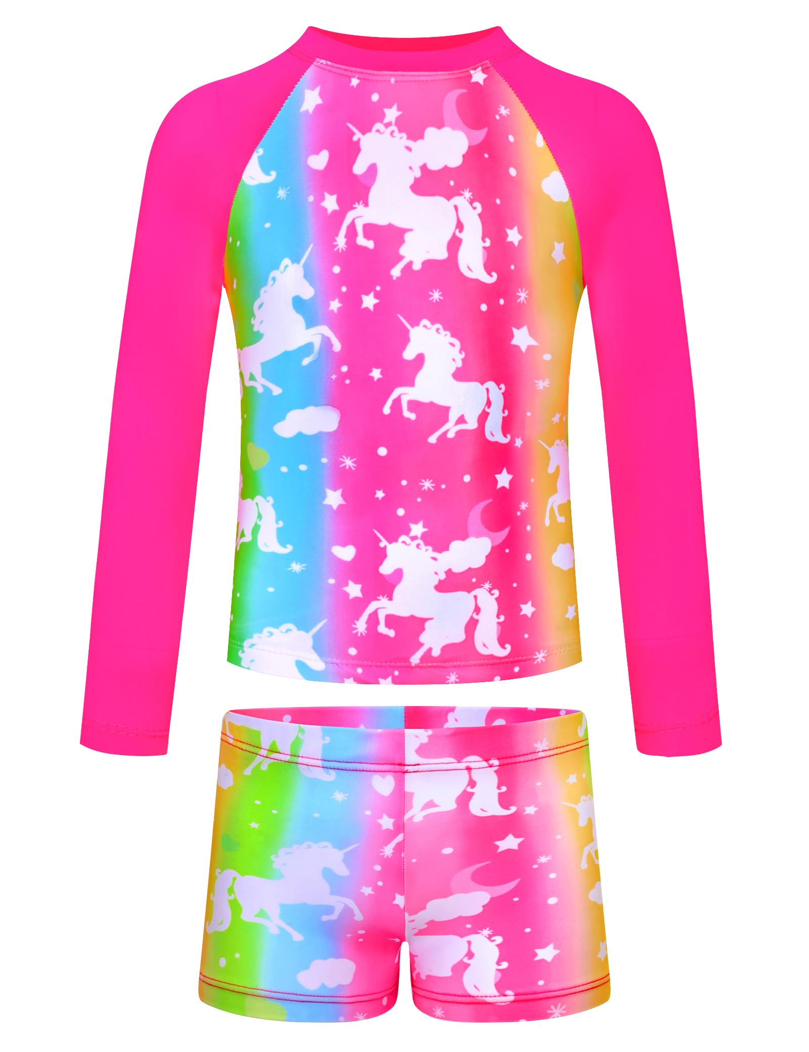 TENVDA Girls Rash Guard Swimsuit Long Sleeve Bathing Suits with Shorts for 3-12 Years Old Kids