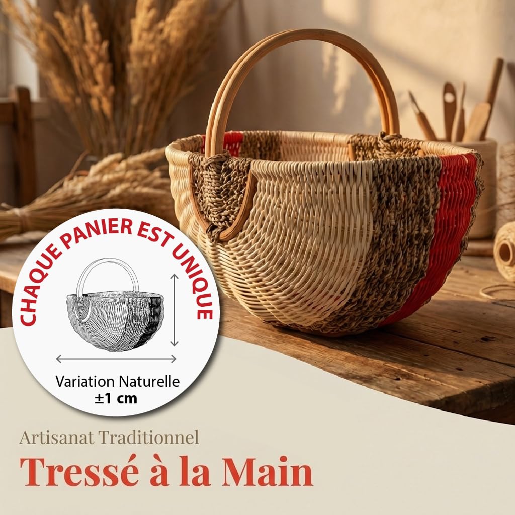 Grand Panier de Courses en Rotin et Jonc de Mer – Panier de Pique-Nique Tressé à la Main avec Anse – 48x33x24 cm – Panier de Marché Robuste et Stable – Design Vintage – Vert