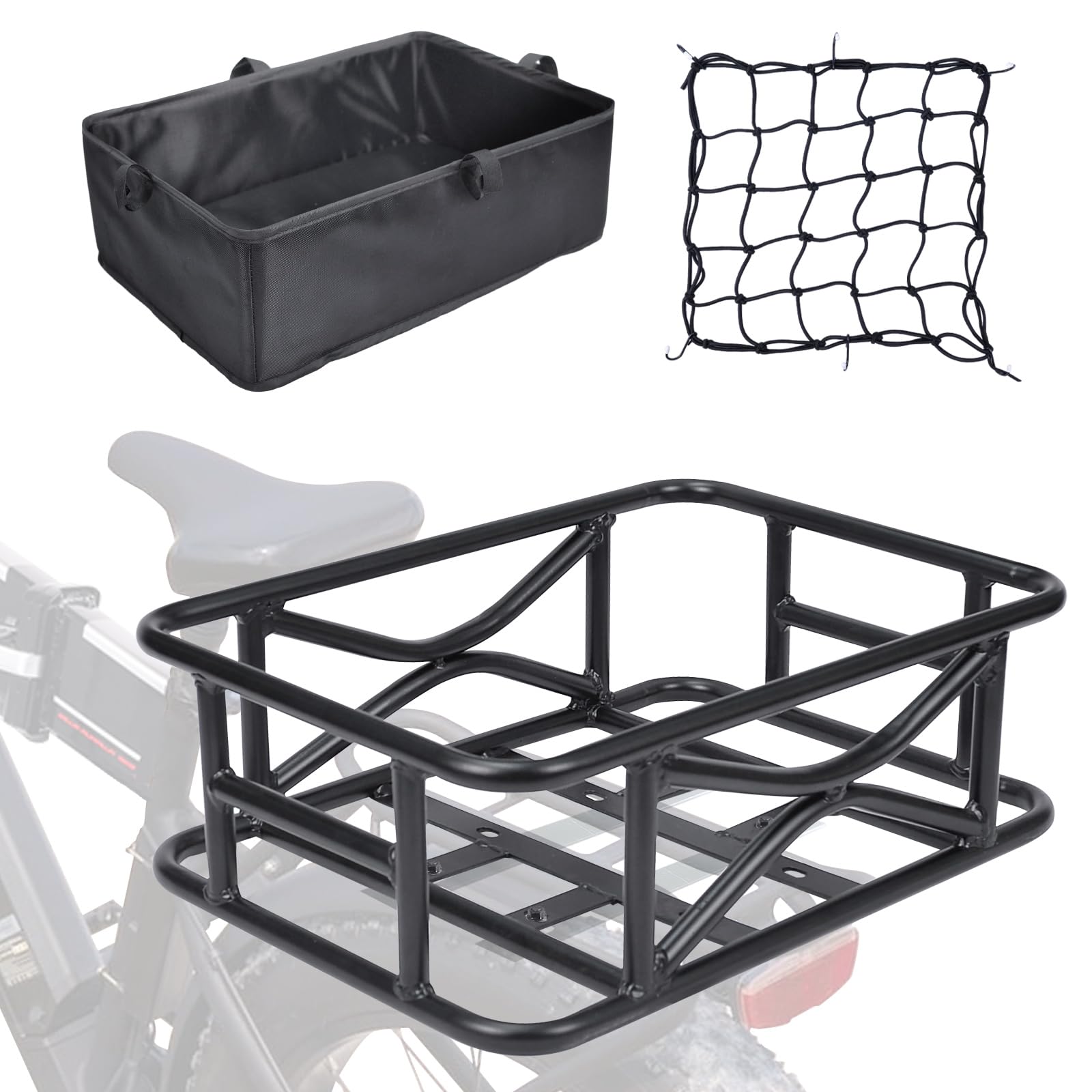 Heavy Duty Bike Basket Rear with Liner Cargo Net, Large Bicycle Basket  for Rear Rack for Most Bikes E-Bikes,Universal Fit Groceries, Pets,Outdoor