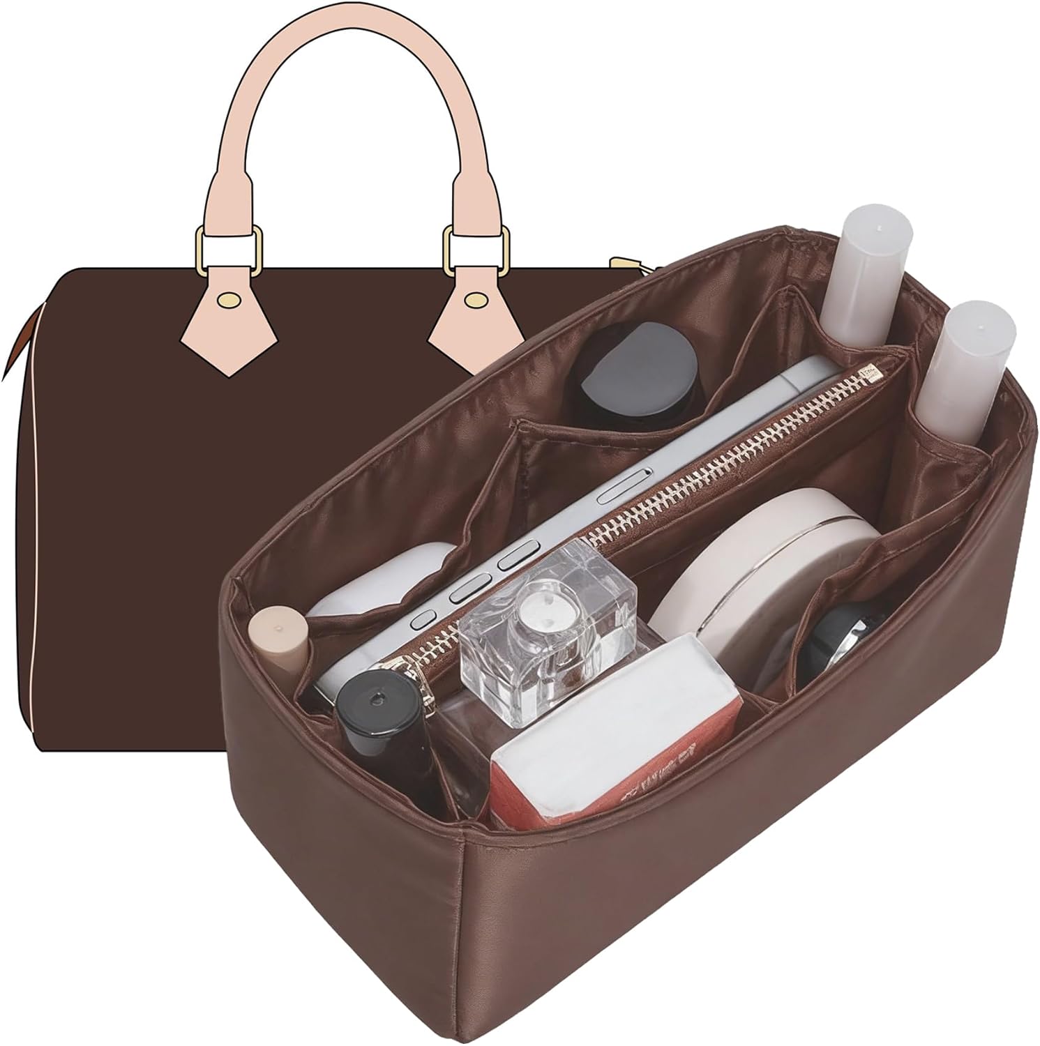 Doxo LV Speedy 30 Organizer Insert, Premium Nylon Purse Organizer Insert with 11 Compartments Zipper Pocket, Perfect-Fit Waterproof Bag Organizer Insert for LV Speedy 30 Handbag (Brown, Large)