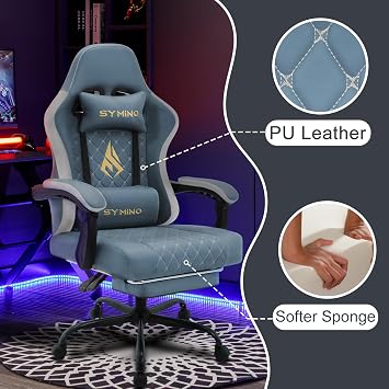 Symino Gaming Chair with Footrest, Computer Ergonomic Video Game Chair, Adjustable Swivel Task Chair with Lumbar Support, PC Chairs, Office Chair PU Leather, Blue