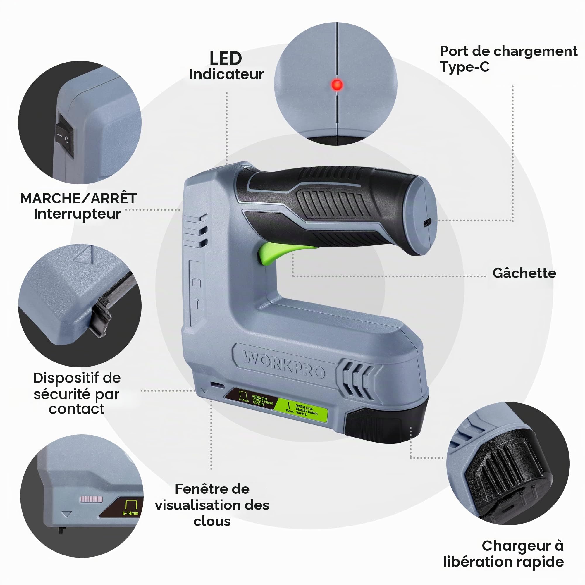 WORKPRO Agrafeuse sans Fil 3,6V 2000 mAh avec 2000 Agrafes, Agrafeuse Multifonction 2 en 1 Compatible avec Clous et Agrafes Type 53, 8 pour les Projets de Bricolage en Ameublement, Menuiserie(Gris)