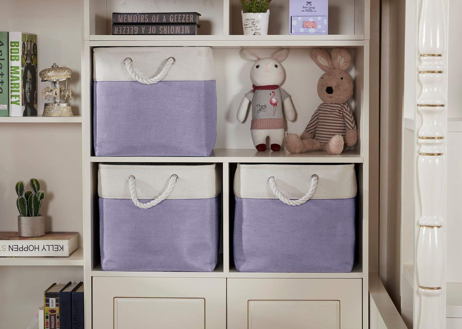 DECOMOMO Cube Storage Organizer Bins | Box Storage Cube Basket with Handles Fabric Cloth Bins for Organizing Shelf Nursery Home Closet (Purple & White, 13 x 13 x 13 inch - 3 Pack)