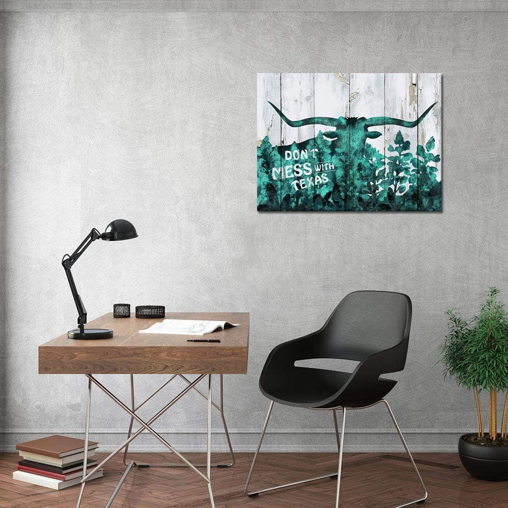Flash Deals - 40% OFF Visual Art Decor Abstract Teal Texas Longhorn with Bluebonnets Canvas Wall Art Rustic Don't Mess with Texas Saying Prints Ready to Hang for Farmhouse Home Bedroom Wall Decoration (24x32)