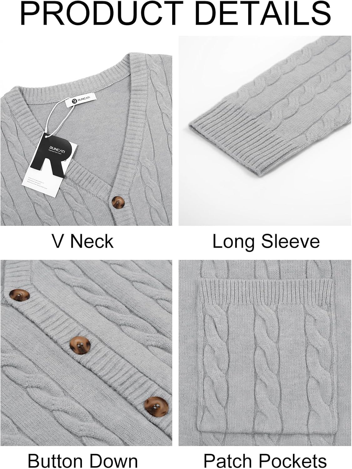 Runcati Mens Cable Knit Cardigan Sweater V Neck Casual Button Down Sweaters Long Sleeve Fall Outwear with Pockets - Image 6