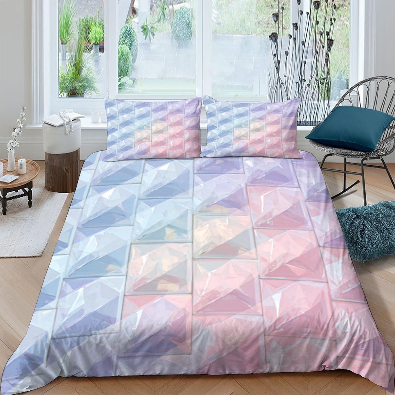 Ctjqhvkz Style-1 3D Printed Pastel Geometric Fitted Sheet Microfiber Soft Blue Pink Gradient Mattress Cover For Bedroom Dorm Decor Single（135X200cm）