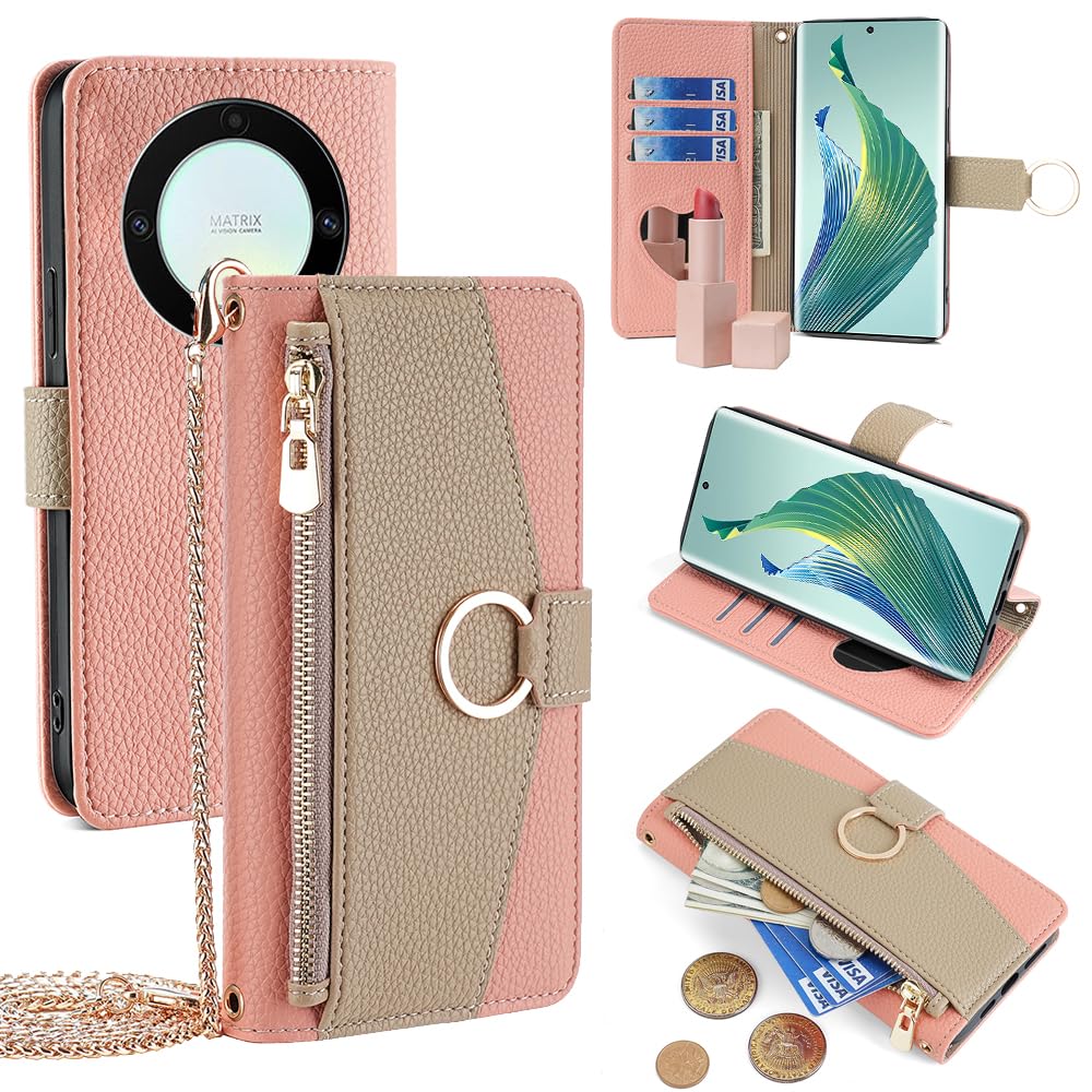 YOUULAR Wallet Case with Crossbody Strap Compatible for Honor Magic5 Lite/Honor X9a, Magnetic Handbag Zipper Pocket Cases PU Leather Flip Shockproof Cover with Kickstand Honor Magic 5 Lite Pink