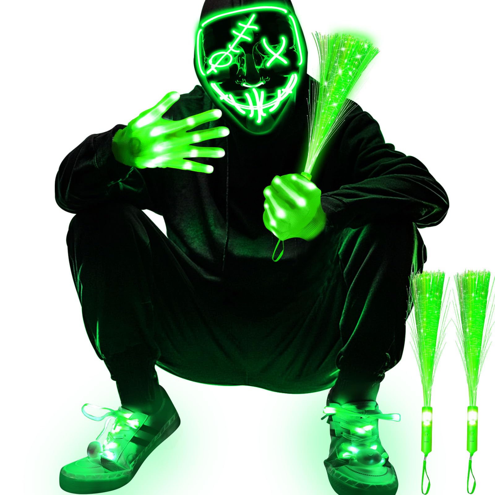 4 Set Halloween LED Mask Light Up Gloves Shoelaces Armbands Light Up Scary Mask Halloween Costume Cosplay Party