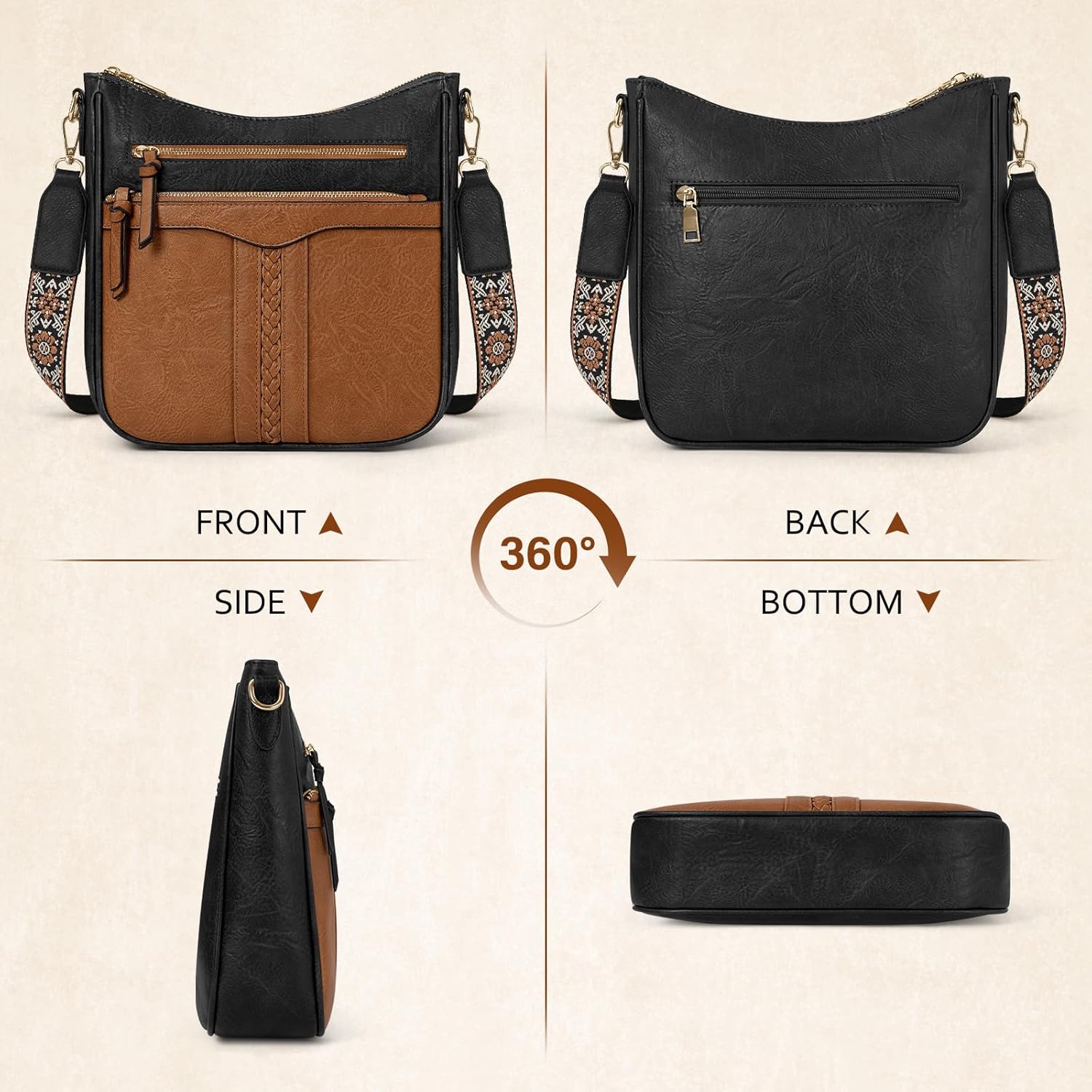 RAINSMORE Crossbody Bags for Women, 7 Pockets Crossbody Purses Lightweight Leather Shoulder Handbags for Travel