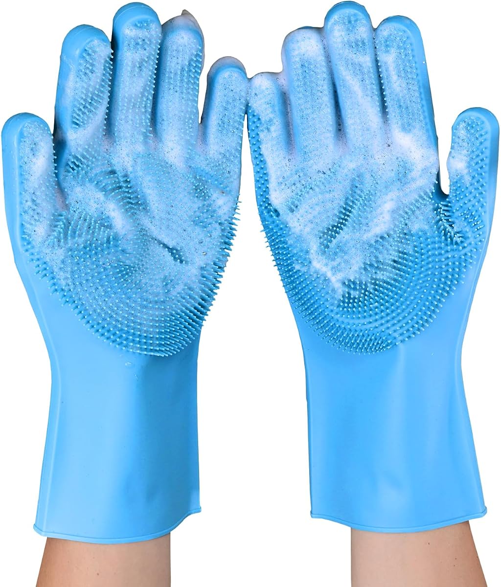 Silicone Dishwashing Gloves with Scrubbers, Pet & Dish Scrubbing(1pair, 12.2" L)