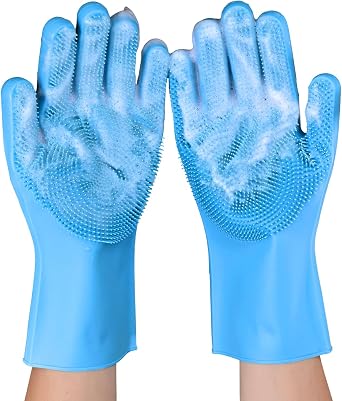 Silicone Dishwashing Gloves with Scrubbers, Pet & Dish Scrubbing1pair, 12.2" L