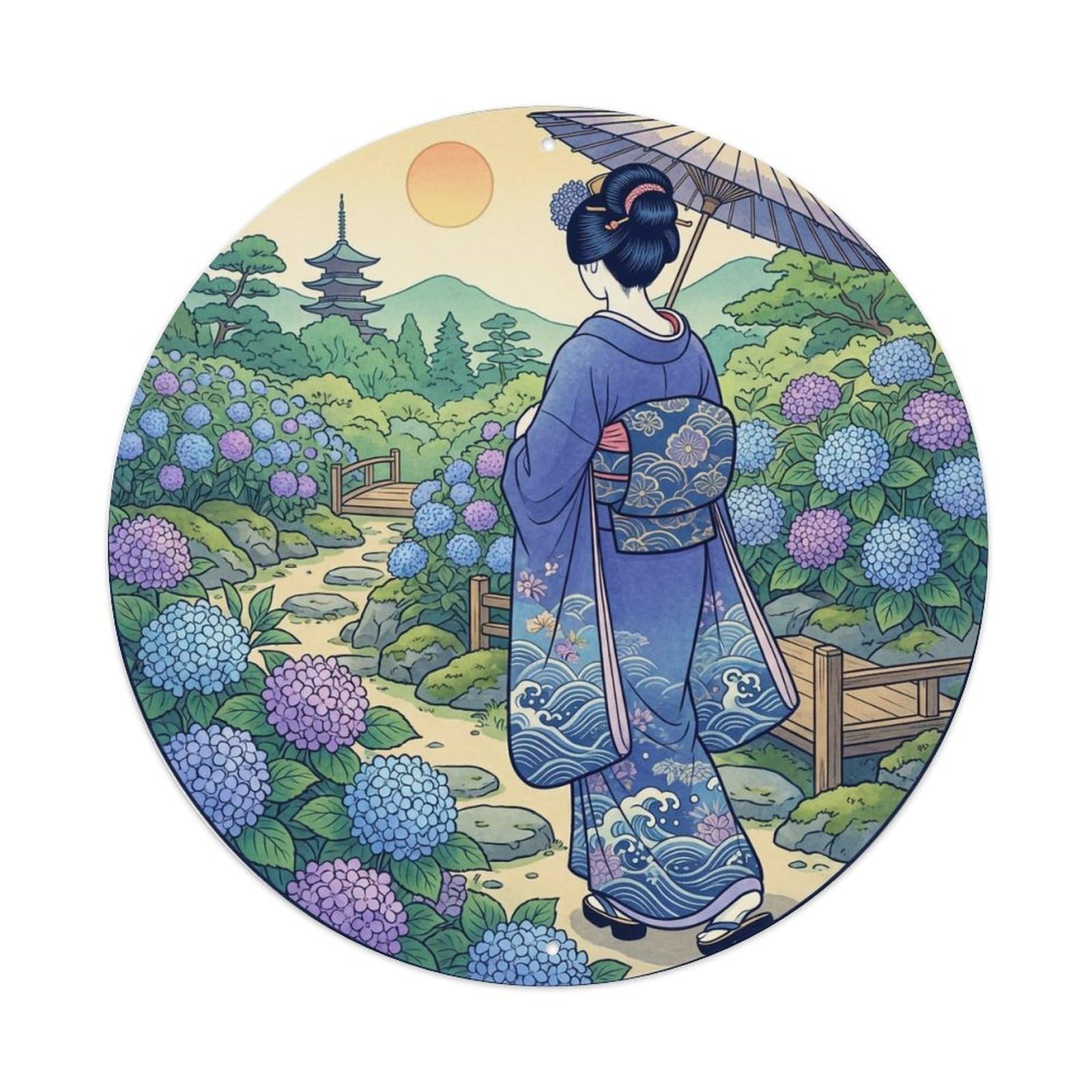 Yrnq 8X8inch Vintage Style Japanese Hydrangea Garden Geisha Blue Kimono Metal Tin Sign