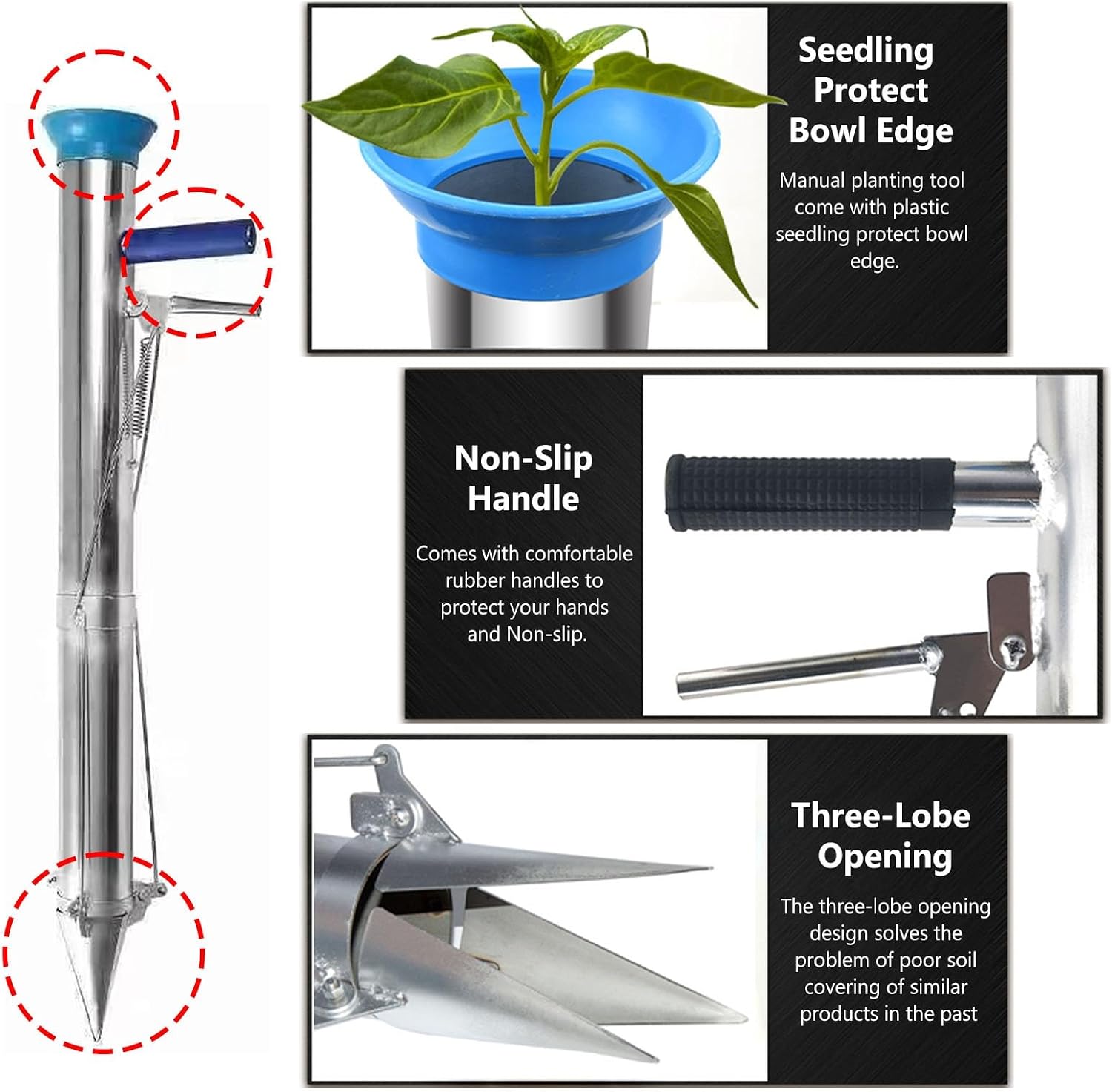 YLLFFLL Multi-Functional Manual Planter, Long Handheld Transplanting Tool for Digging, Back-Saving Tools Plant Transplanting Clamp for Garden/Greenhouse - Single Handle