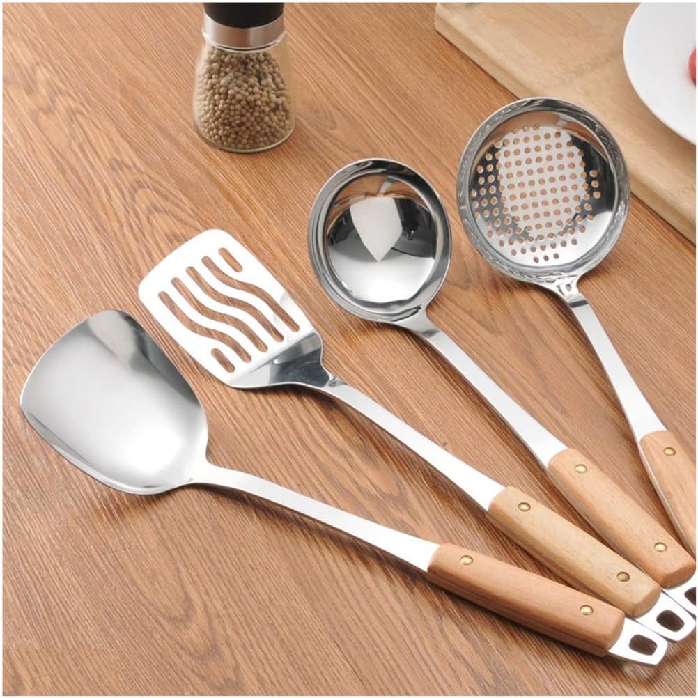Stainless Steel Kitchen Utensil Set -4 Modern Utensils, NonStick Heat Resistant Kitchen Gadgets,Soup Spoon, Colander, Shovel and Hollow Shovel N-87