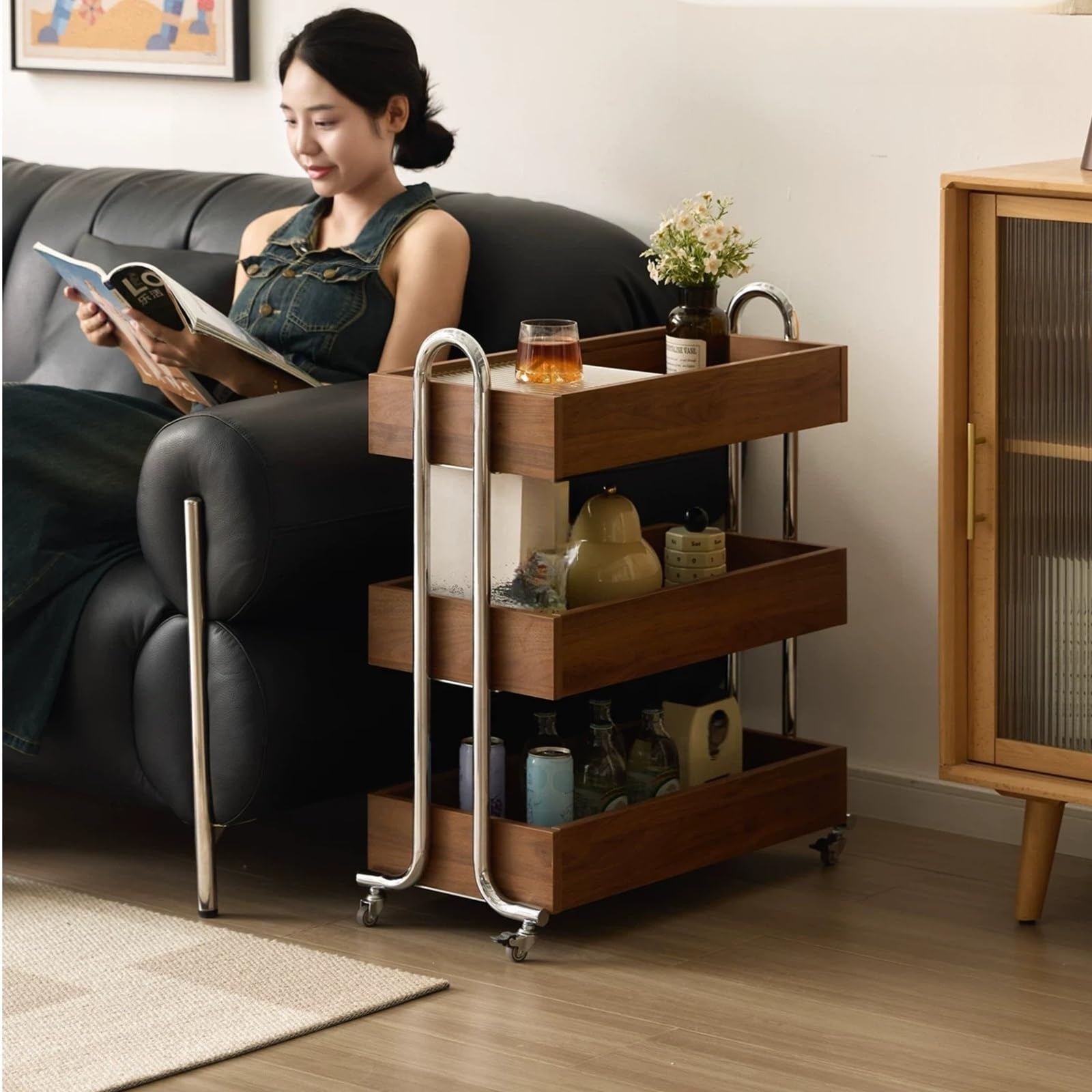 Estante Organizador de Almacenamiento con Carrito Mesa Auxiliar rodante 3 Niveles for Sala Estar y Cocina Carro Utilitario(Negro)