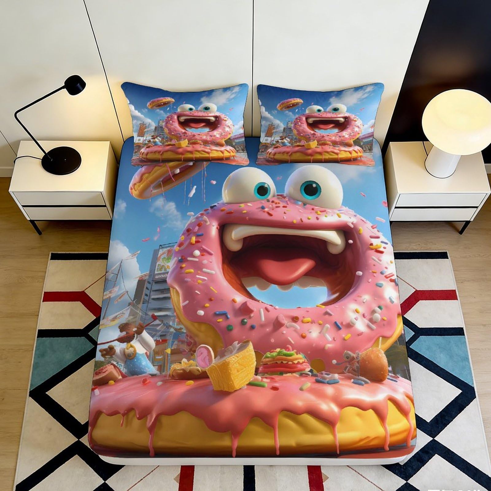 Pnayamiorkfel Style-10 3D Printed Cartoon Donut Monster Fitted Sheet Microfiber Bright Pink Fun Food Bed Cover For Bedroom Dorm Décor 90X200x25cm