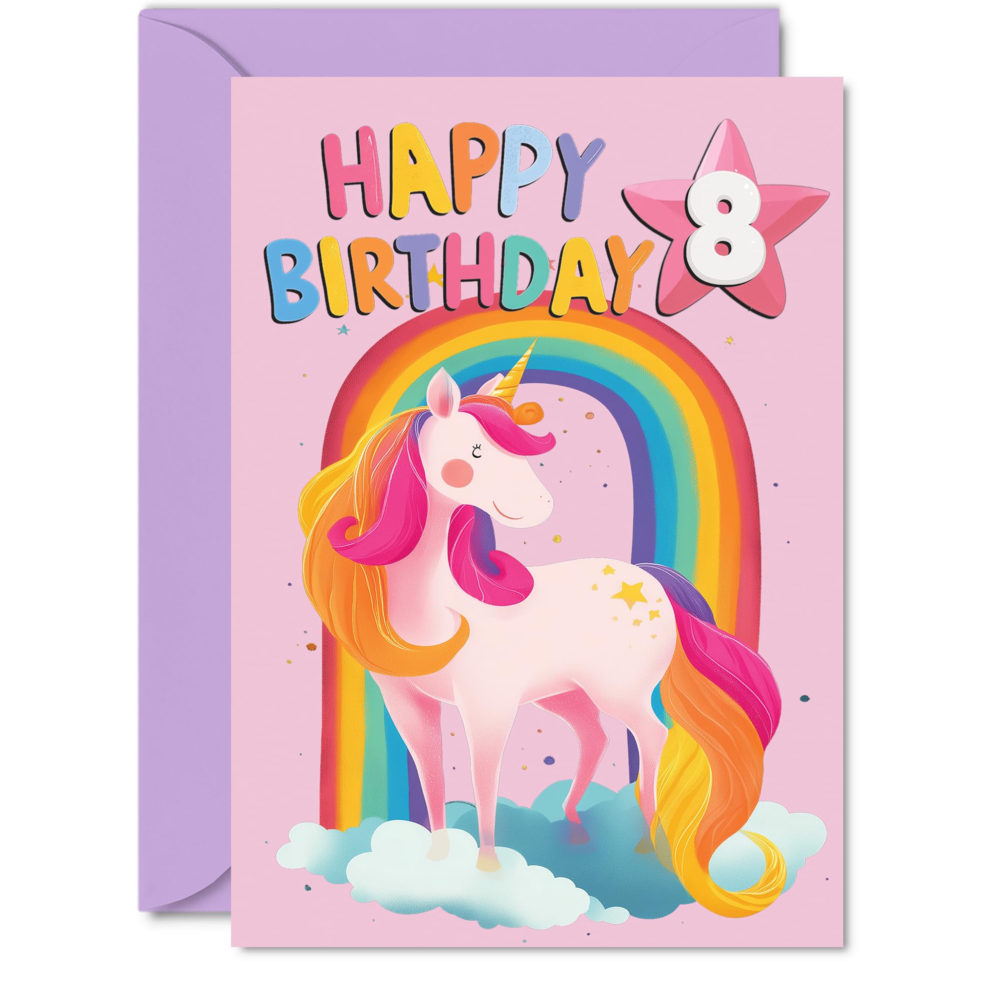 8th Birthday Cards for Girls and Boys, Rainbow Unicorn