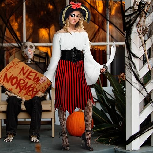 Miniatura 5 de Disfraz de pirata de Halloween, accesorios de pirata, incluyendo medias de red, bandana pirata, cuchillo, parche para ojos