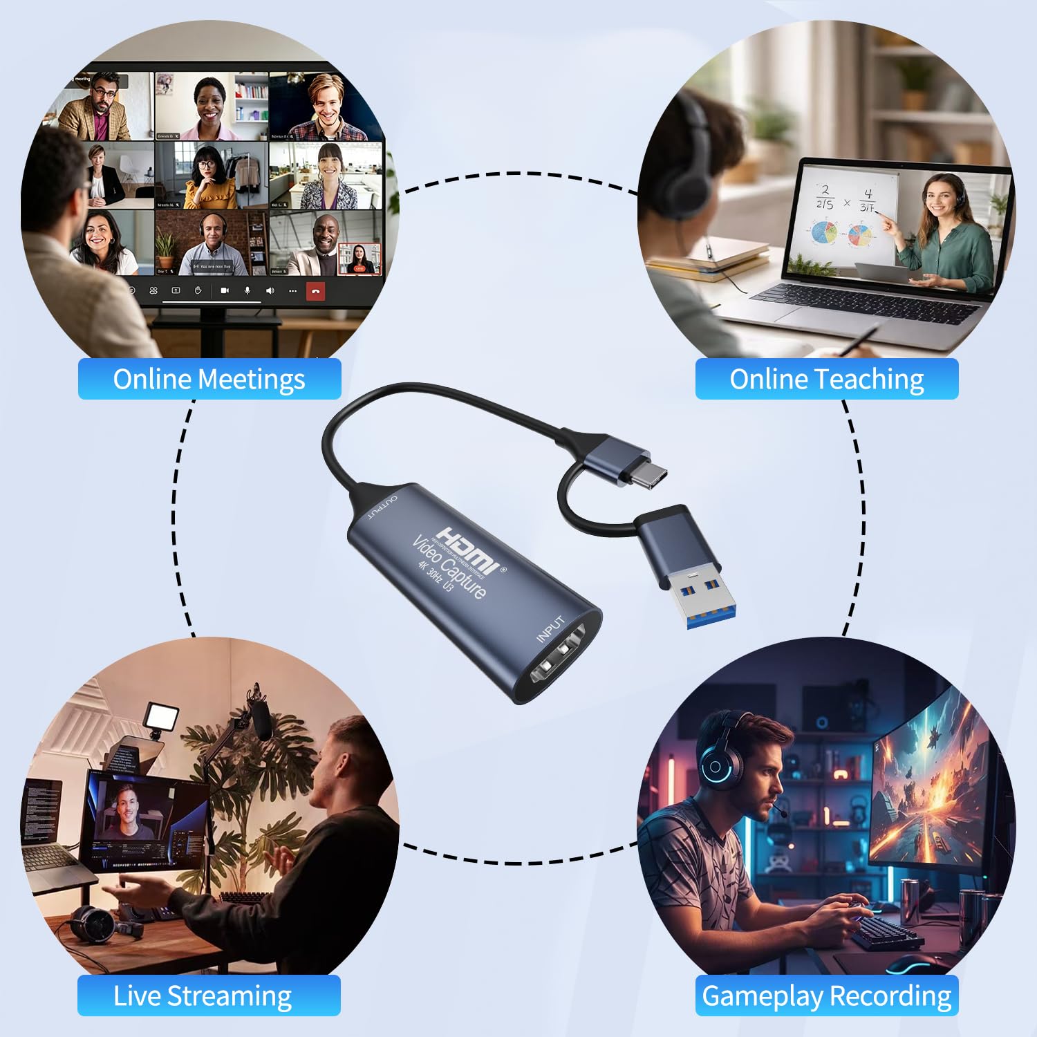 Tarjeta de captura de video HDMI, conectores duales USB-A y USB-C, entrada HDMI 4K a USB 3.0, captura de 1080P 60 FPS para grabación de transmisión de juegos, OBS/VLC, PS5 Switch Xbox Camera Windows