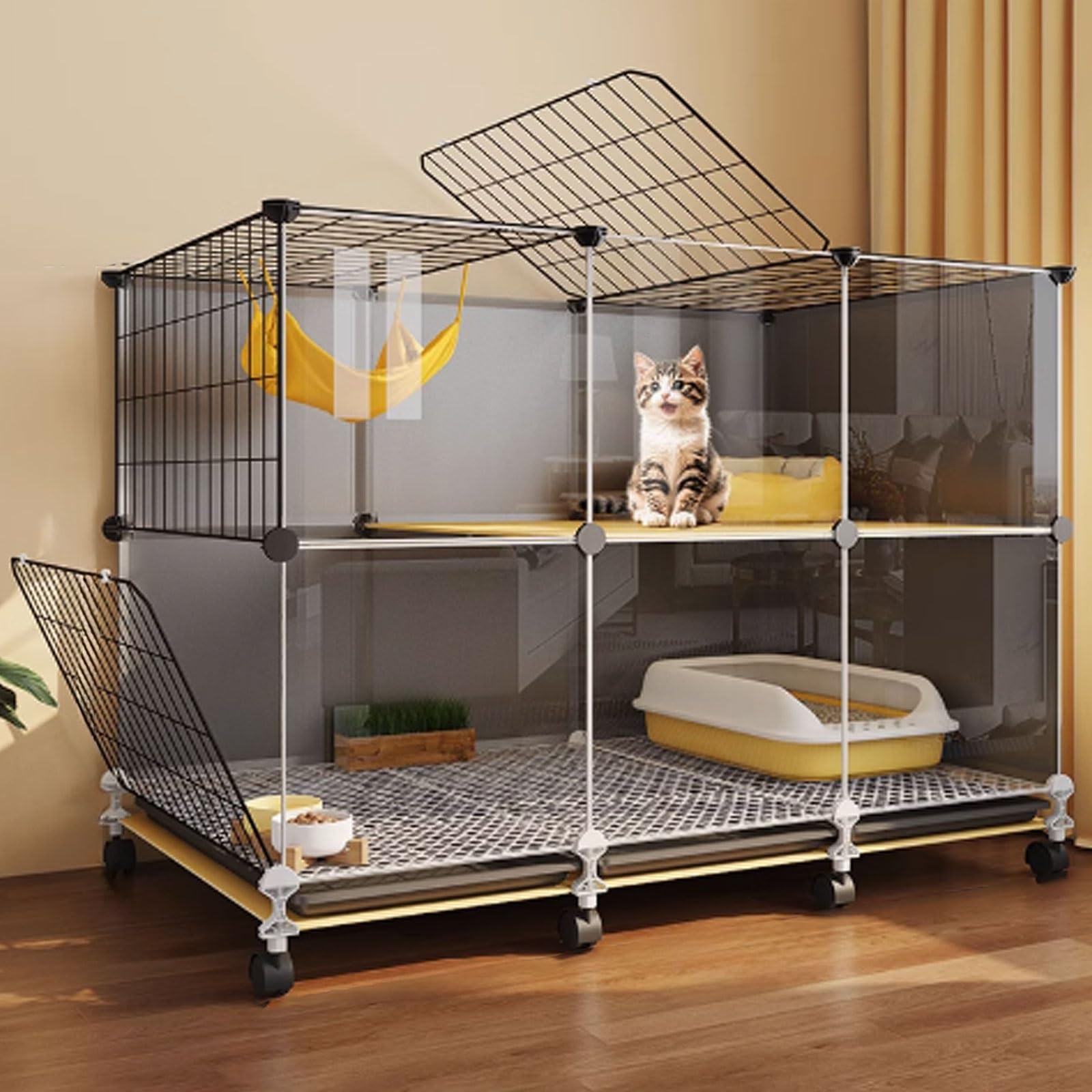 GUQASDV Black Cat Cages Indoor, Catio Indoor Cat Enclosure, Cat Playpen with Top Cover, Cat Crate with Wheels for Ferret, Chinchilla, Rabbit, Small Animals(106 * 46 * 82cm)