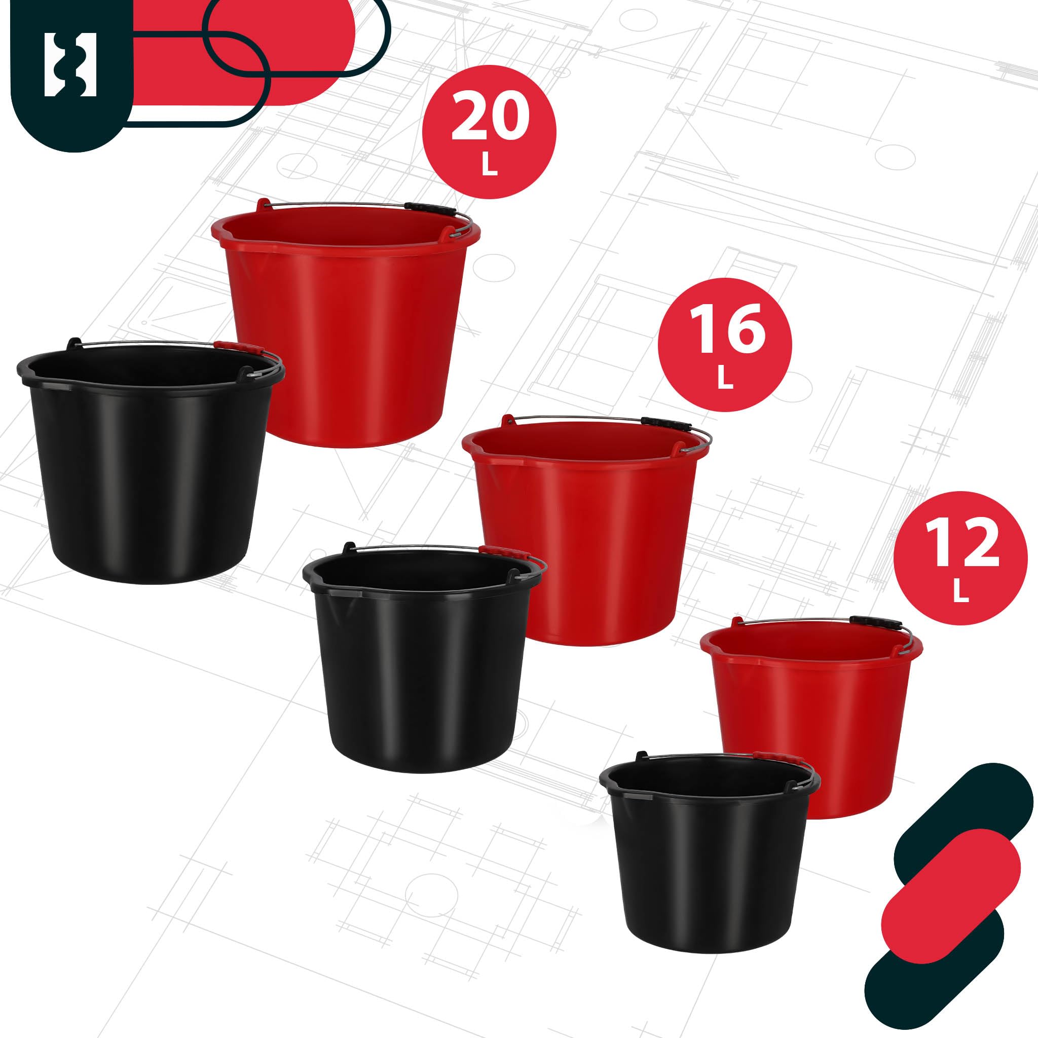 KOTARBAU® Seau de Maçon, Seau de Construction 16 L, Plastique | Lot de 3, Seau de Chantier, Seau à Mortier, Noir, avec Bec Verseur et Anse, Rond