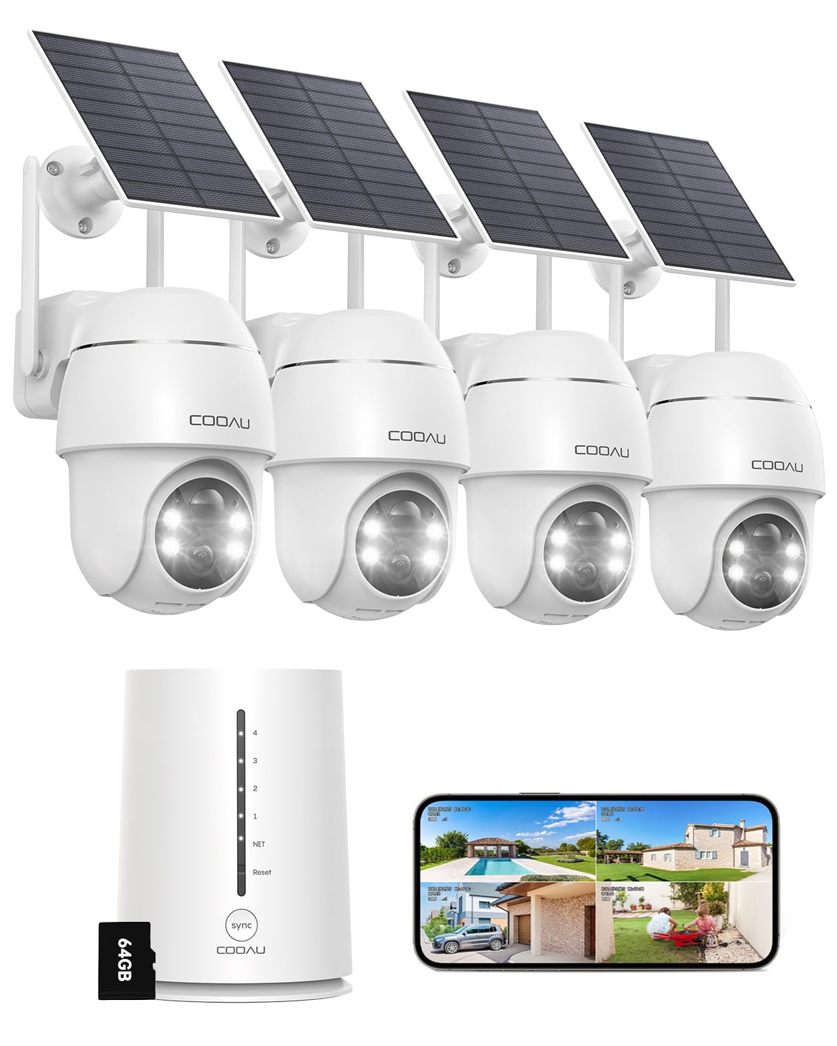 COOAU 4MP Telecamera Wi-Fi Esterno Senza Fili,Kit 4 Cam e Oannello Solare,Sistema di Sicurezza Domestica,360°,Visione Notturna a Colori,Rilevamento di Movimento,Nessun Canone Mensile,IP66,64GB Card